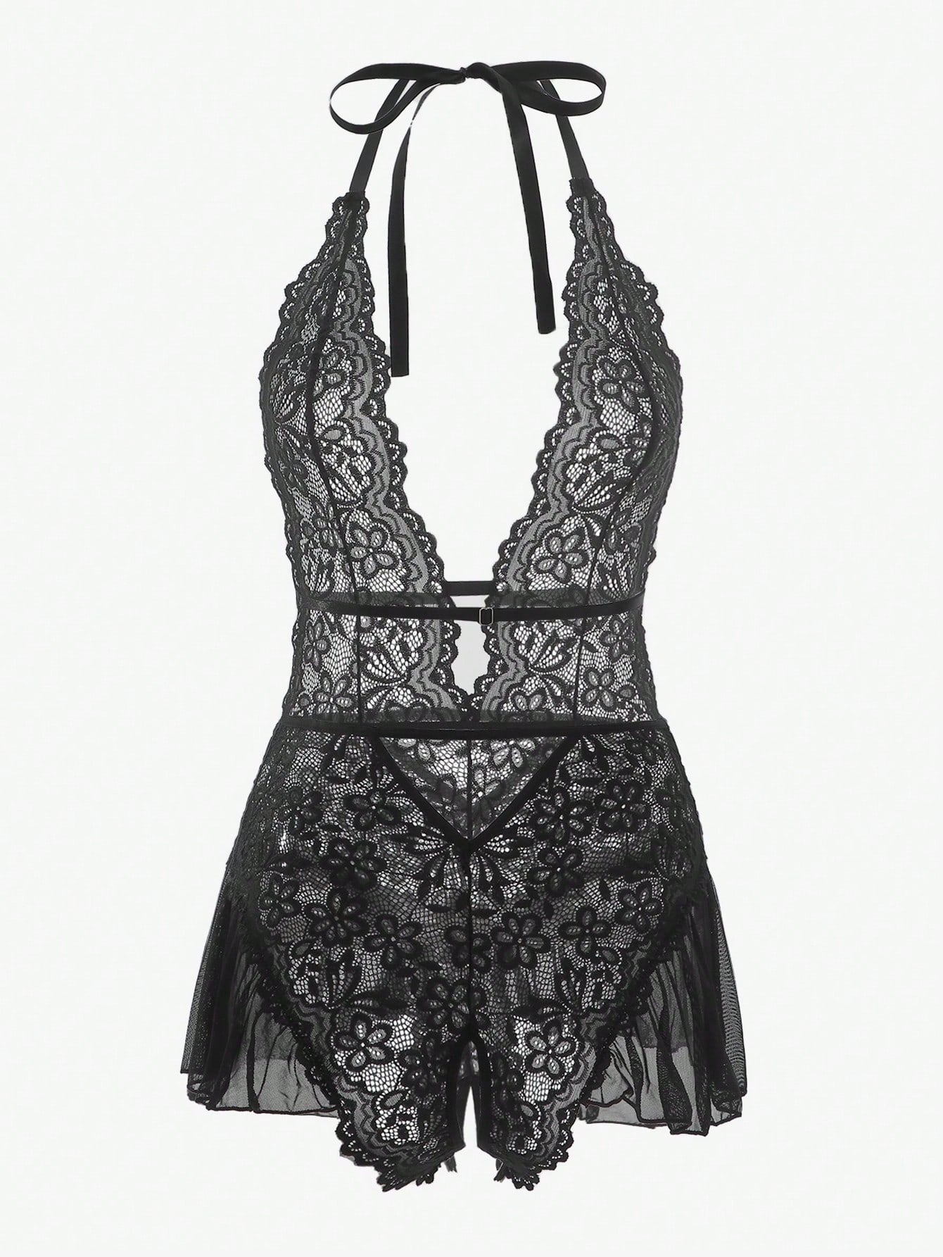 Women's halter lace babydoll lingerie with sheer backless design, crossback straps, wireless triangle bra, exaggerated ruffle detail, and V-string panty