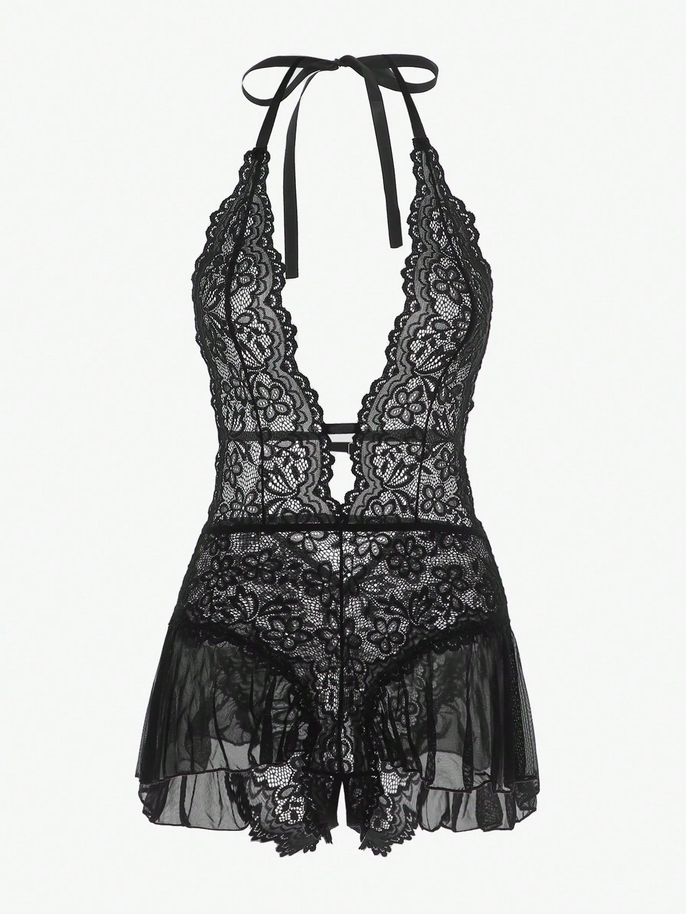 Women's halter lace babydoll lingerie with sheer backless design, crossback straps, wireless triangle bra, exaggerated ruffle detail, and V-string panty