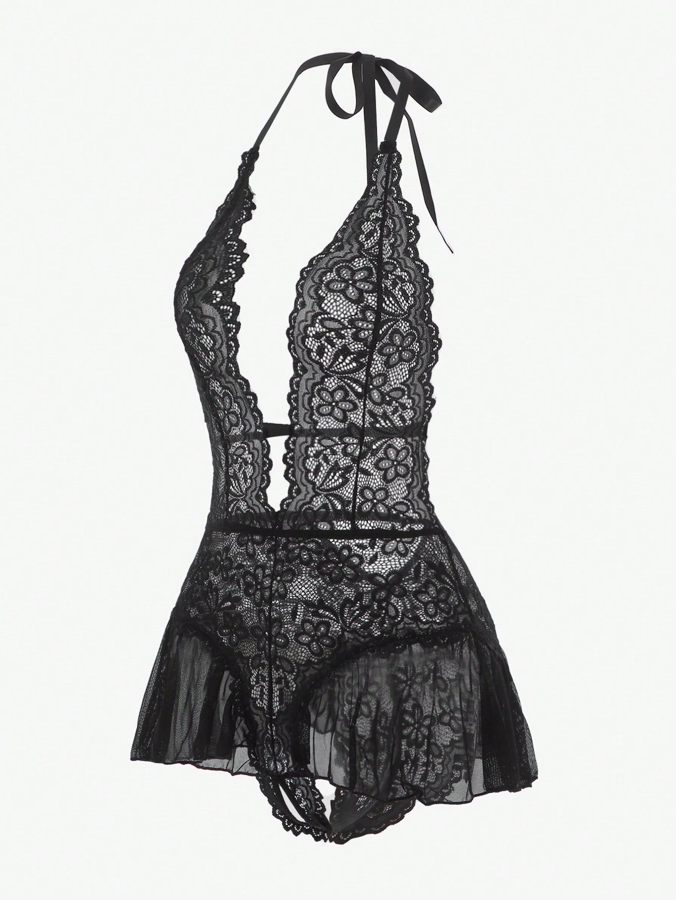 Women's halter lace babydoll lingerie with sheer backless design, crossback straps, wireless triangle bra, exaggerated ruffle detail, and V-string panty