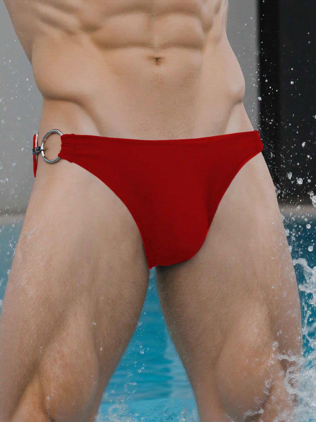 Men's solid swim briefs with O-ring detail, high waist, short racer cut, and high-stretch polyamide elastane fabric.