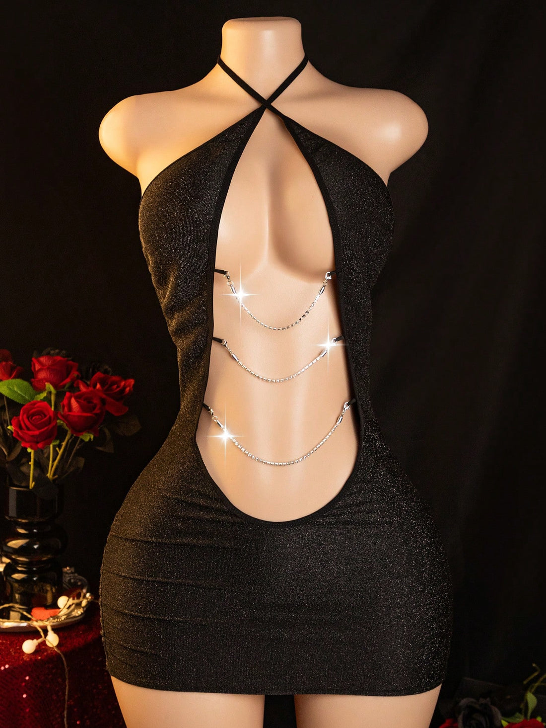 Black women's shiny hollow out lingerie set with halter short slip dress and matching low-rise G-string, 2-piece polyester elastane intimate apparel set.