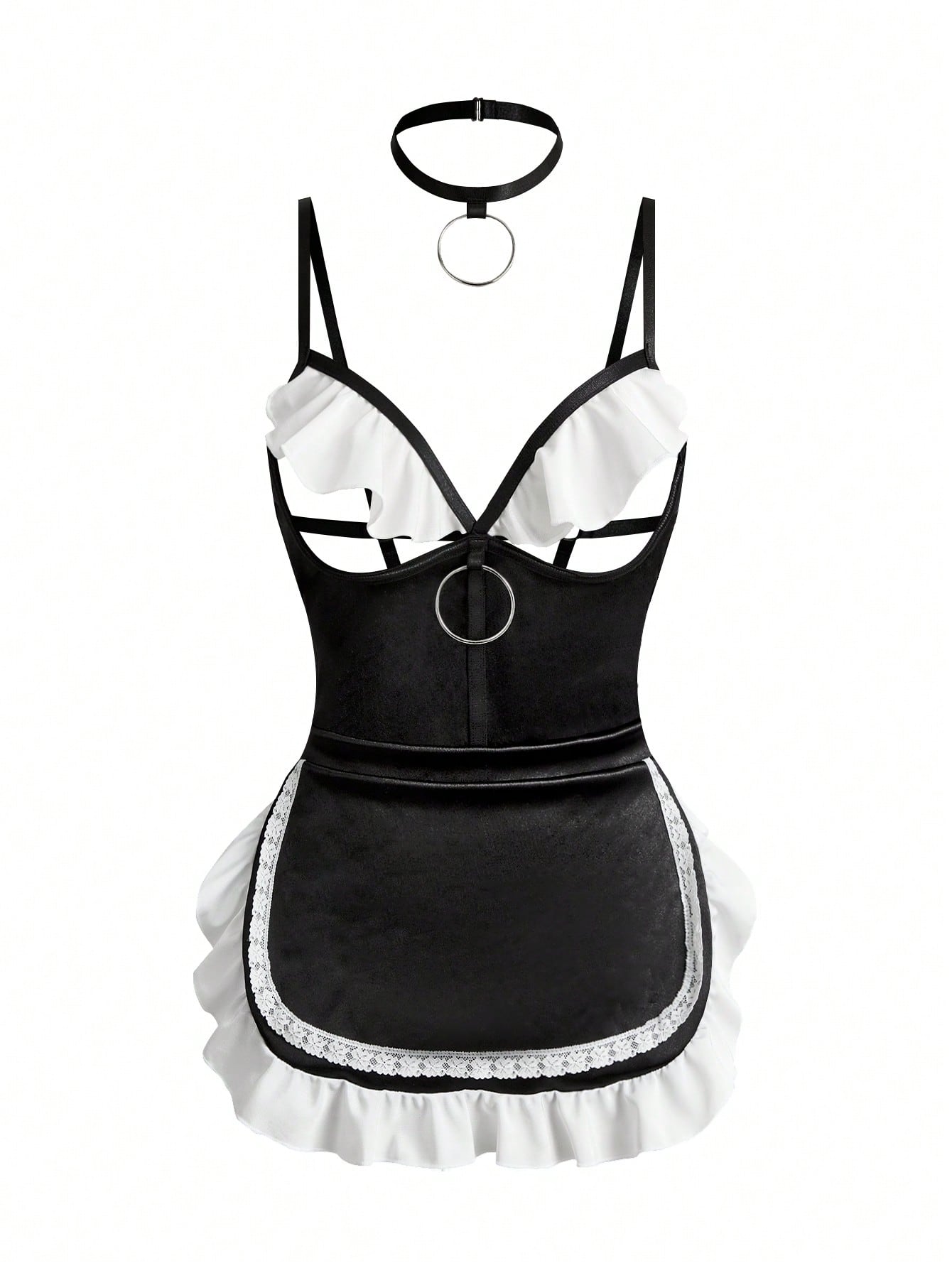 Women's black and white colorblock lingerie set with a backless ruffled teddy design, adjustable spaghetti straps, wireless fit, and thong-style bottom.