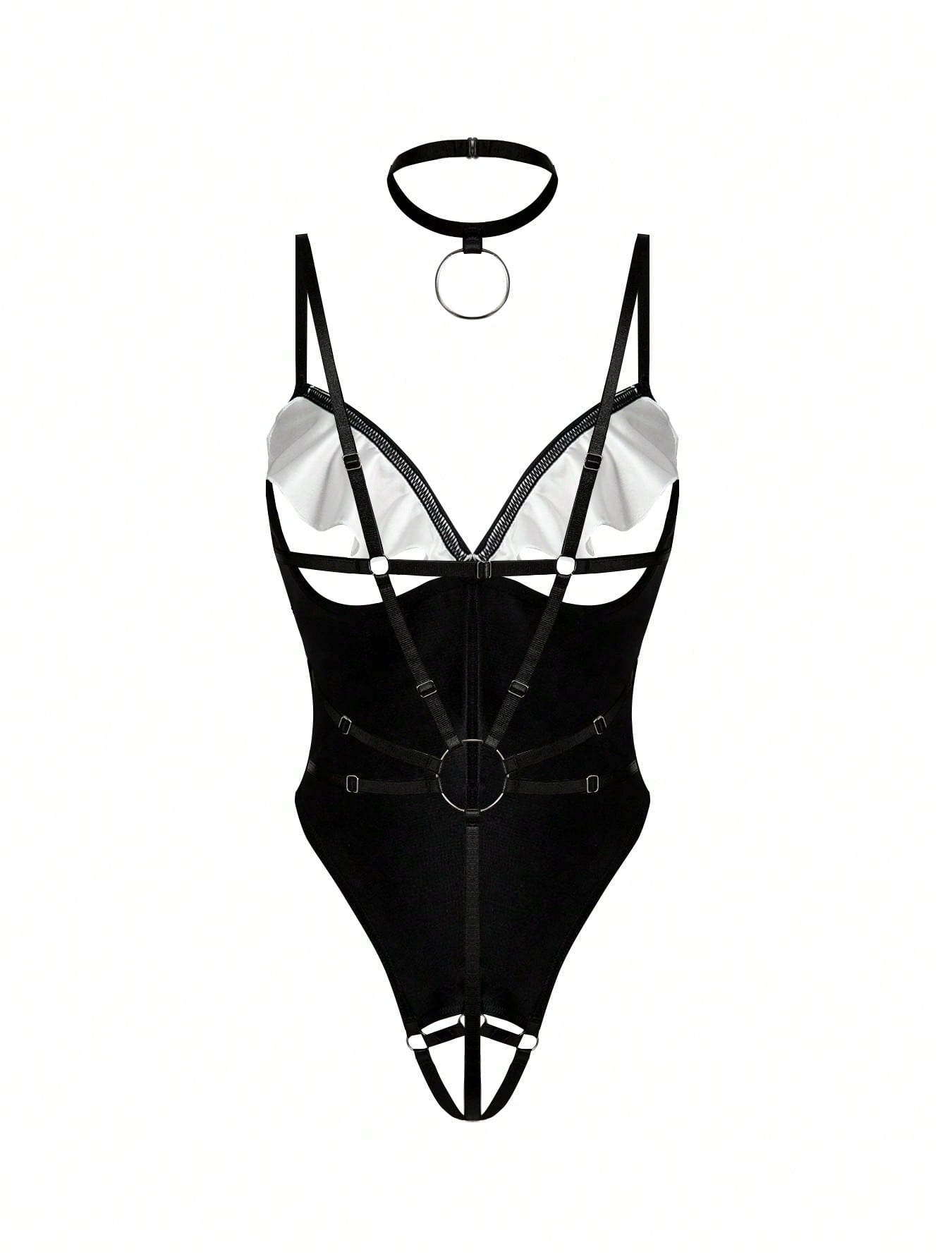 Women's black and white colorblock lingerie set with a backless ruffled teddy design, adjustable spaghetti straps, wireless fit, and thong-style bottom.