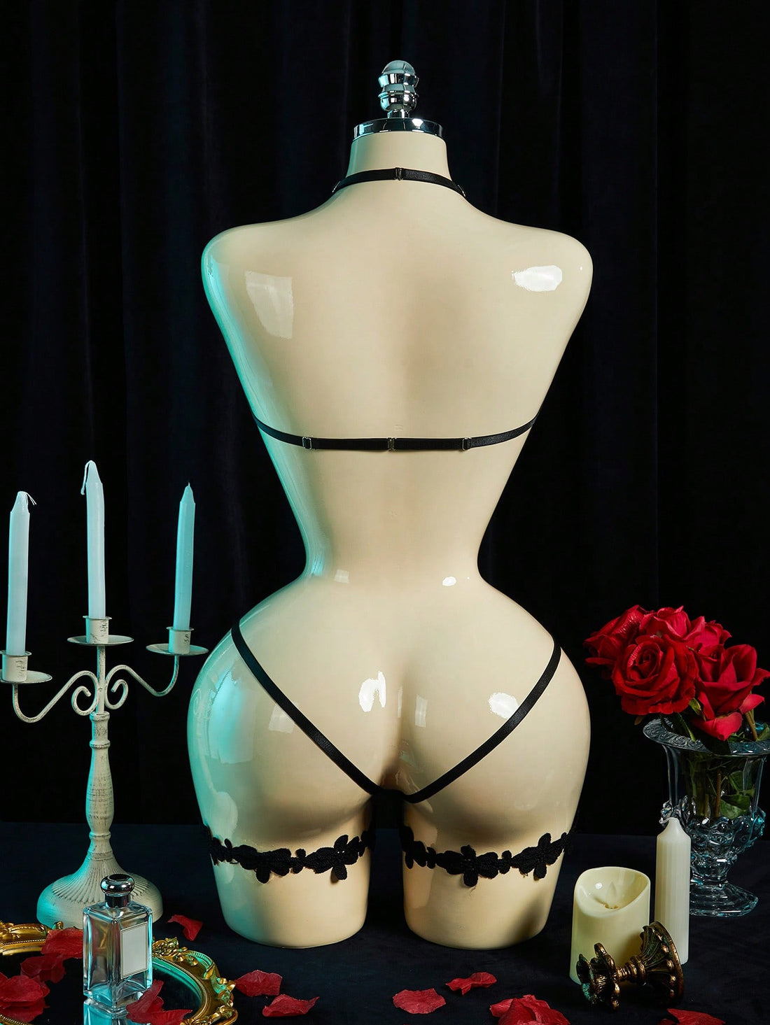 Women's lace trim 3-piece lingerie set with spaghetti strap top, triangle wireless bra, and V-string panty in knitted fabric