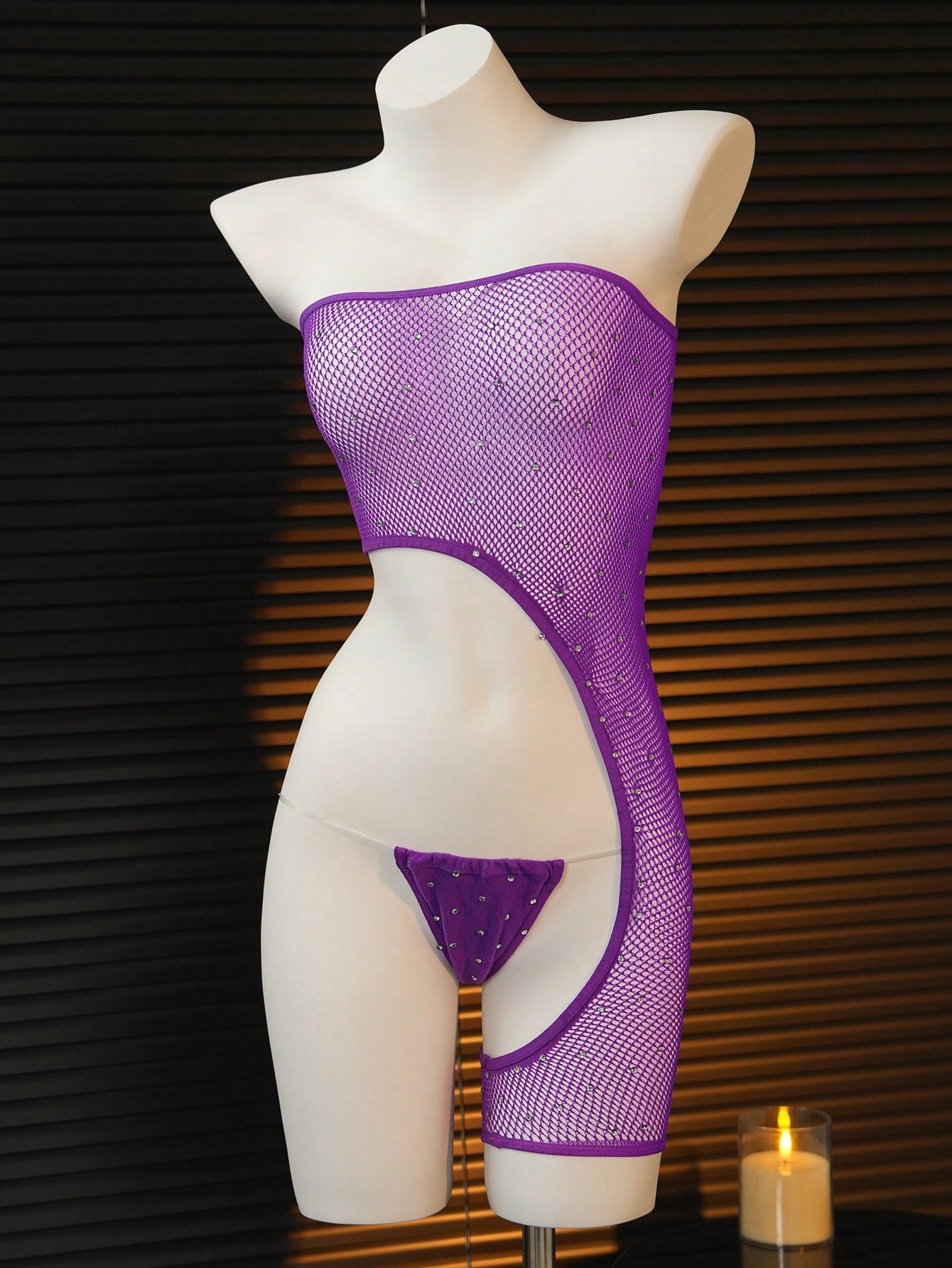 Women's 2-piece sheer lingerie set featuring an asymmetric strapless bodysuit with cut-out rhinestone details and a matching low-rise G-string thong.
