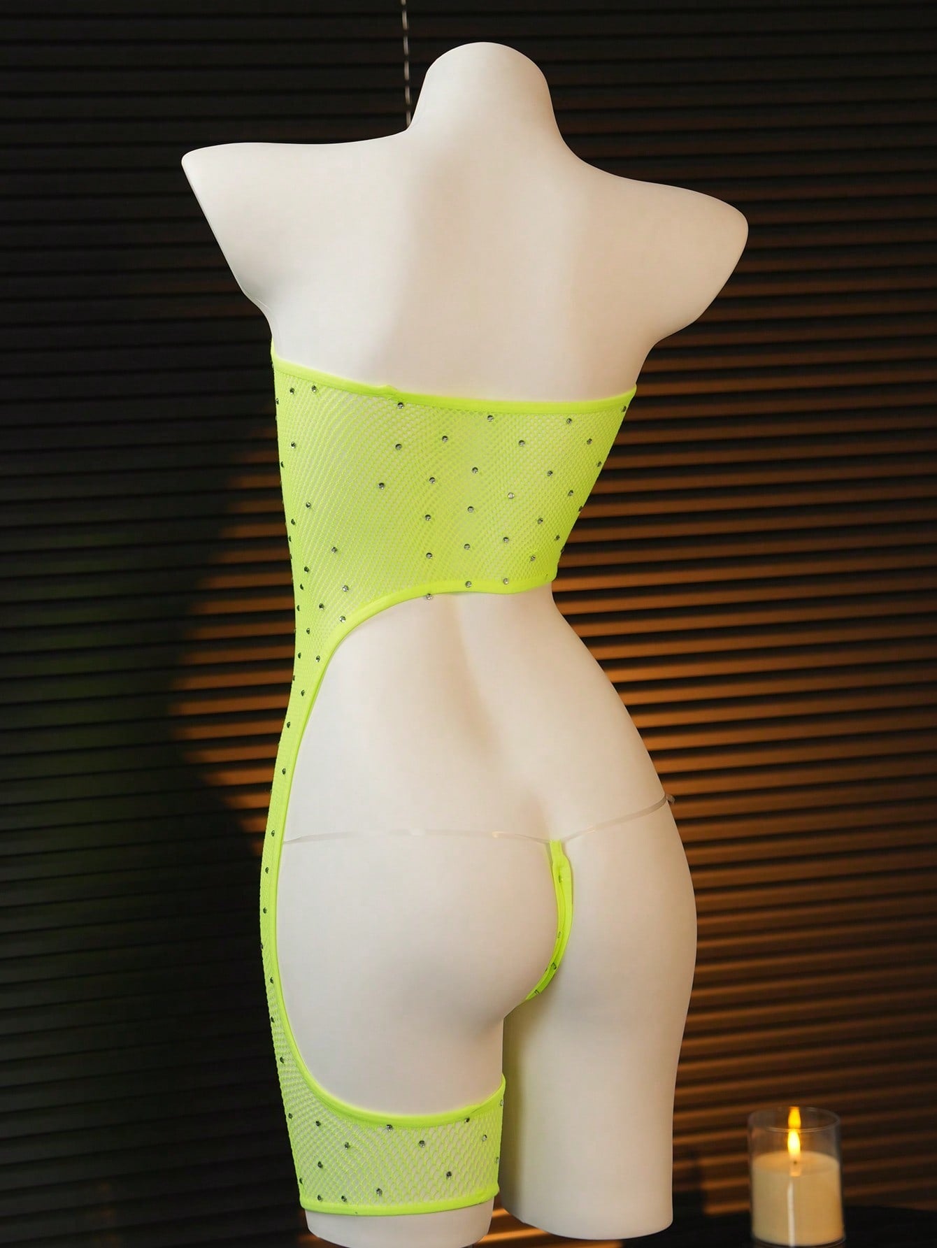 Women's 2-piece sheer lingerie set featuring an asymmetric strapless bodysuit with cut-out rhinestone details and a matching low-rise G-string thong.