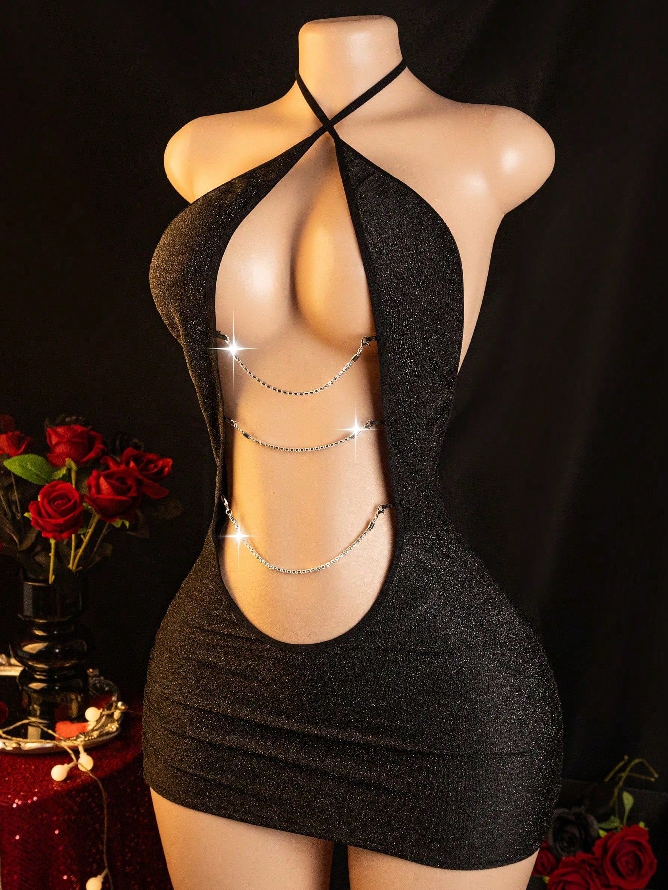 Black women's shiny hollow out lingerie set with halter short slip dress and matching low-rise G-string, 2-piece polyester elastane intimate apparel set.