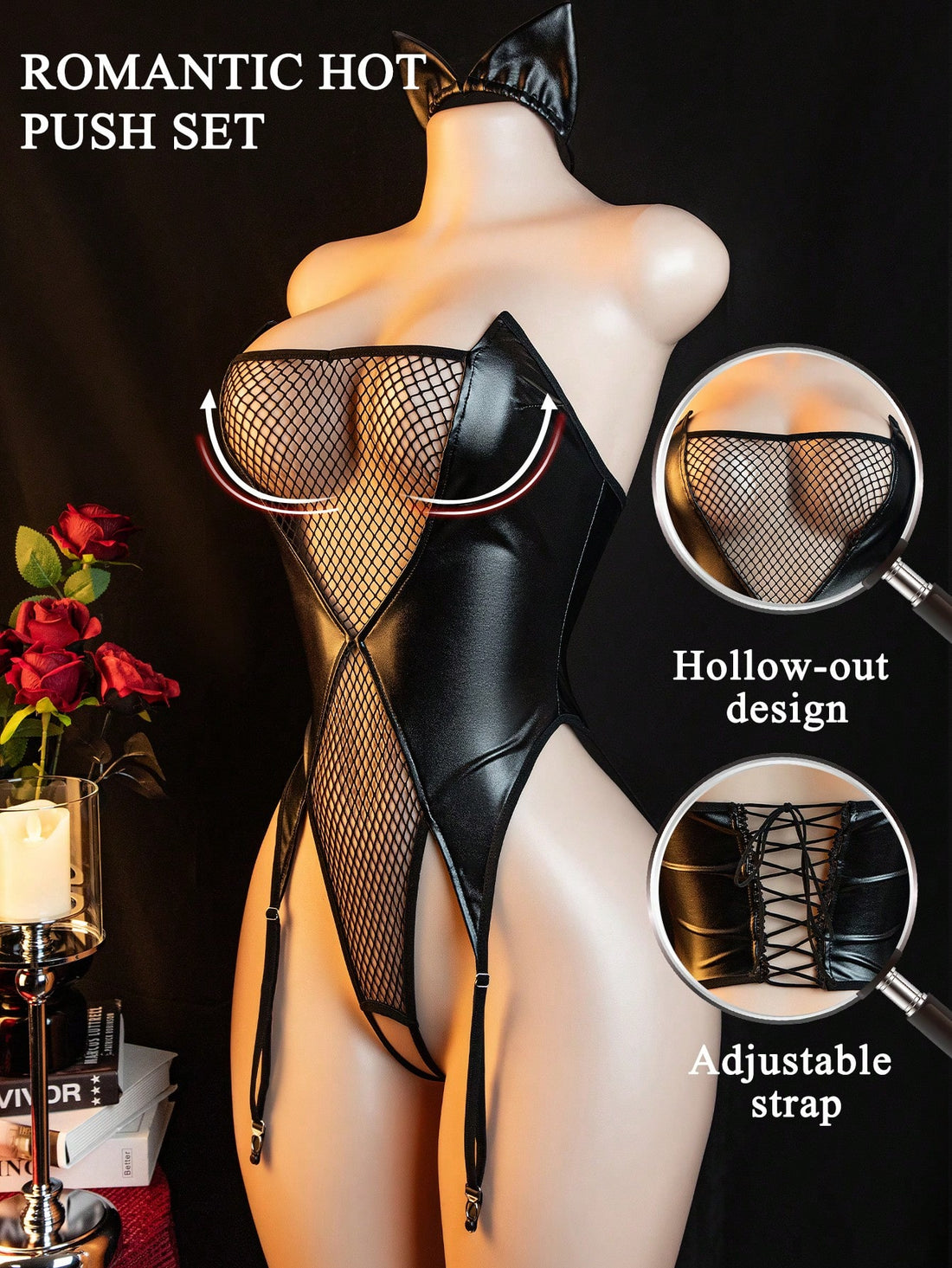 Black women's lingerie bodysuit set with backless lace-up design, strapless bandeau neckline, sheer knitted fabric, thong bottom, and matching headband.