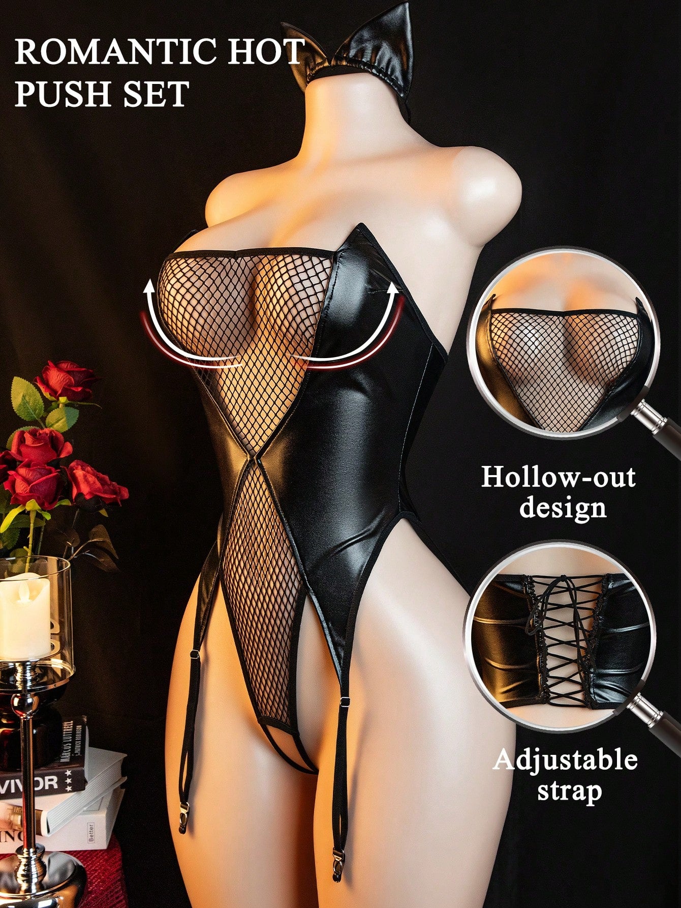 Black women's lingerie bodysuit set with backless lace-up design, strapless bandeau neckline, sheer knitted fabric, thong bottom, and matching headband.