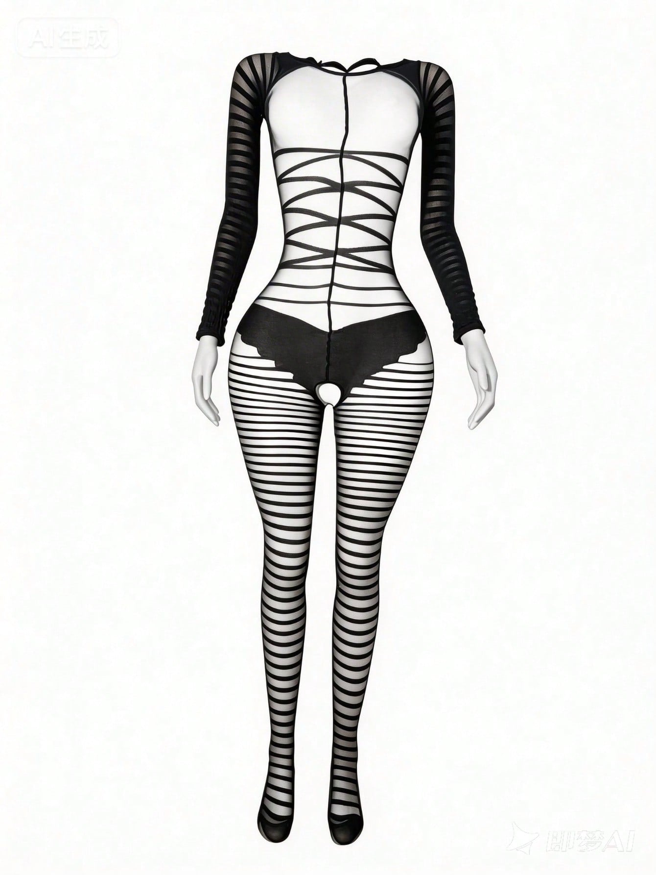 Women's sheer striped babydoll lingerie in black with hollow out detail, keyhole neckline, adjustable straps, and wireless unlined design.