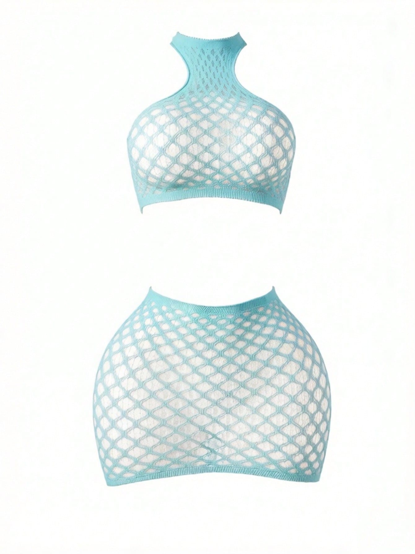 Women's mint blue fishnet lingerie set with sheer mesh knitted fabric, backless criss cross detail, spaghetti straps, wireless bralette top, and matching briefs.