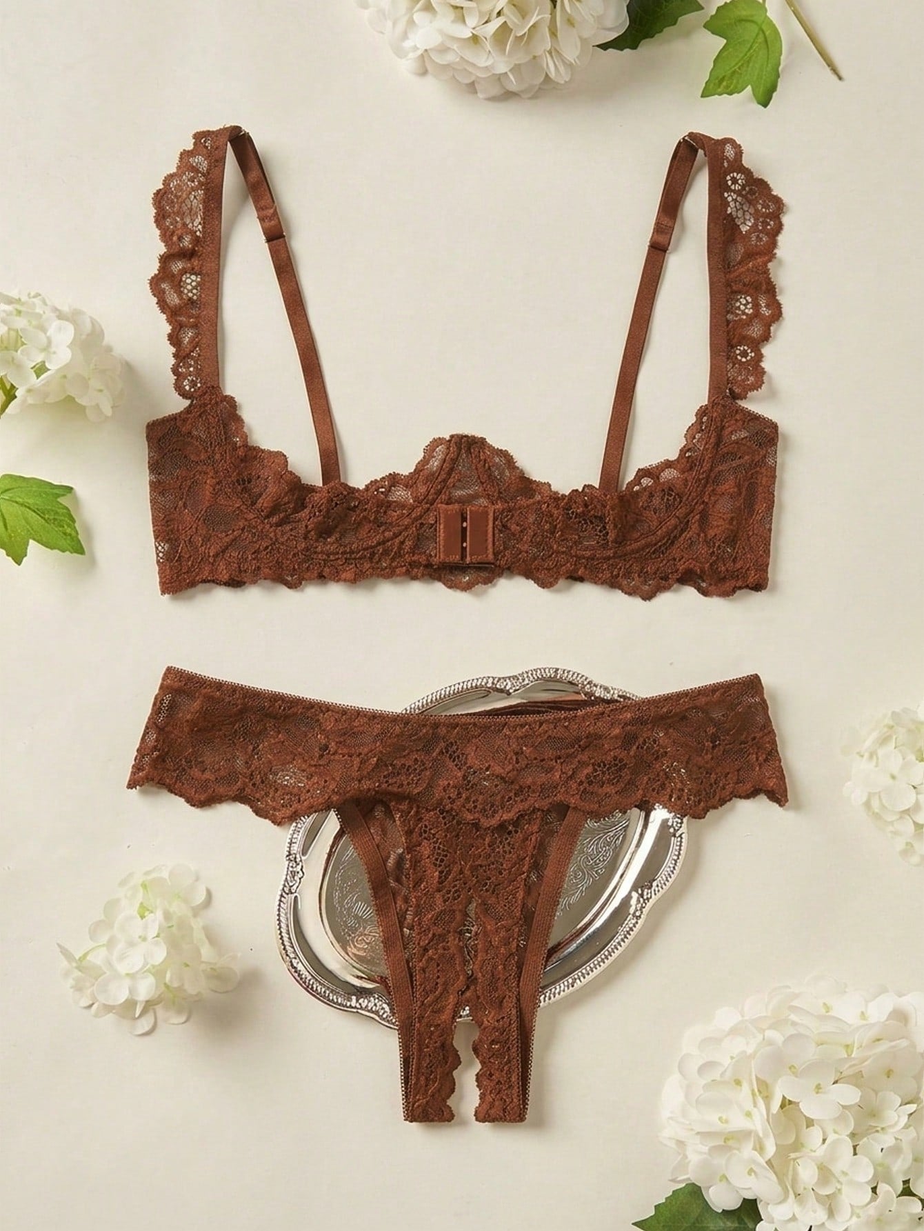 Women's sheer lace underwire bra and thong set with open cup bra, adjustable spaghetti straps, and matching low rise V-string thong in a 2-piece lingerie set.