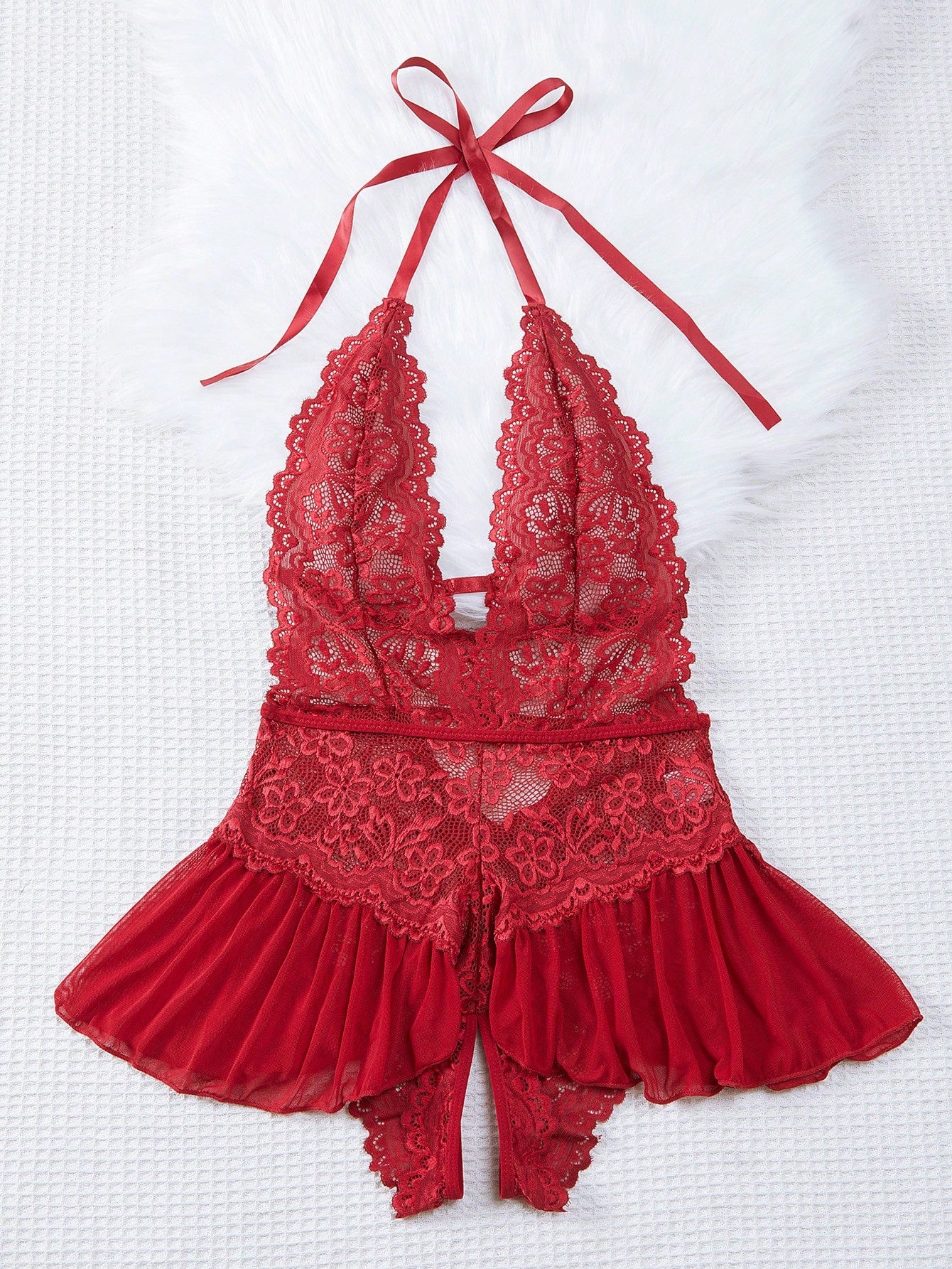 Women's halter lace babydoll lingerie with sheer backless design, crossback straps, wireless triangle bra, exaggerated ruffle detail, and V-string panty
