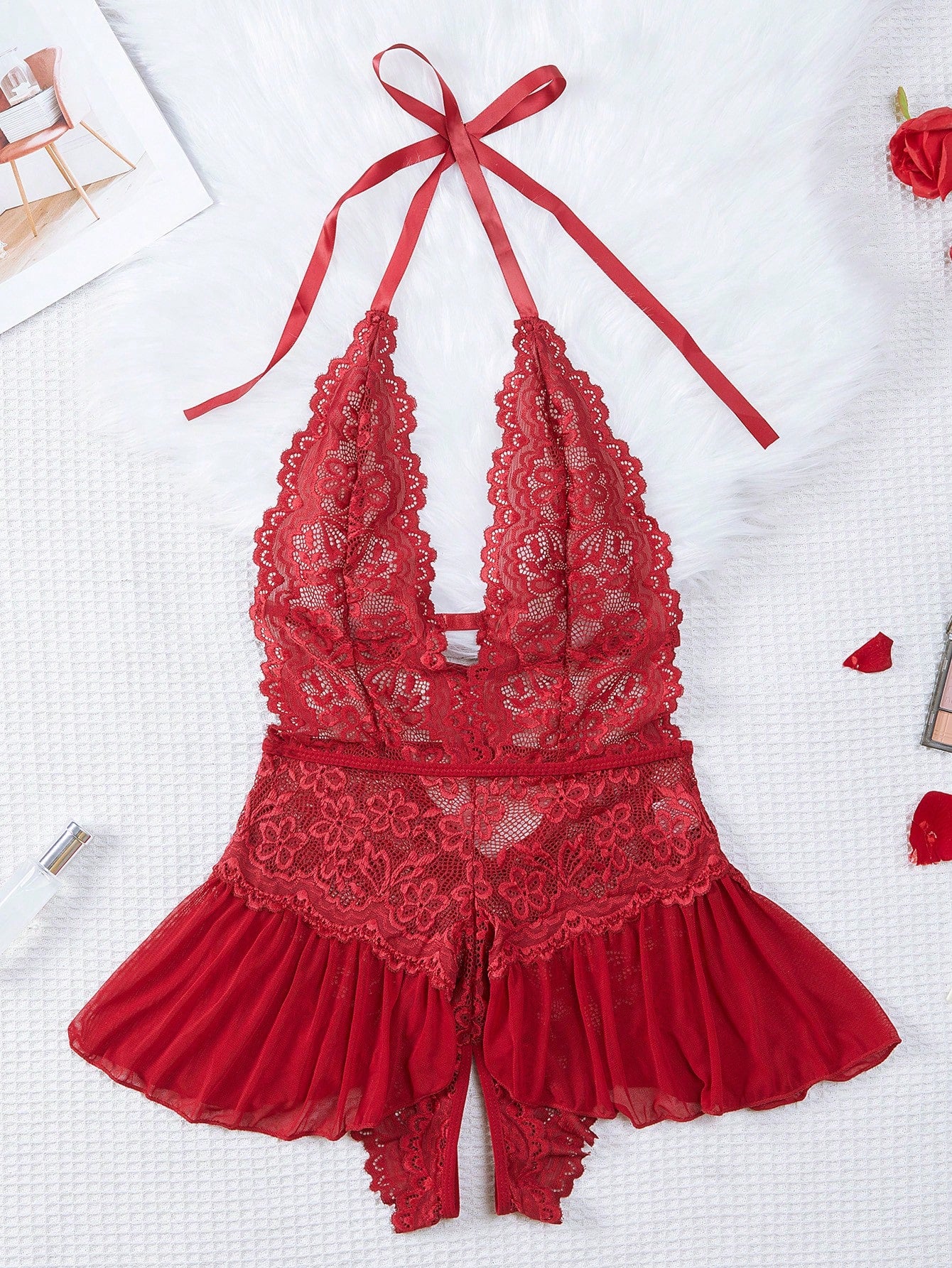 Women's halter lace babydoll lingerie with sheer backless design, crossback straps, wireless triangle bra, exaggerated ruffle detail, and V-string panty