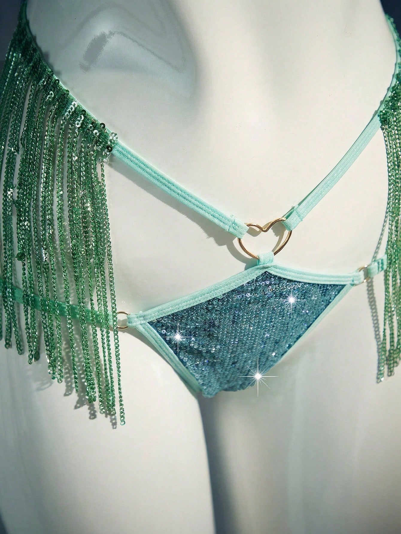 Women's 2-piece sexy lingerie set with sequin tassel accents, contrast lace, halter wireless bralette, adjustable straps, backless design, and matching thong bottom.