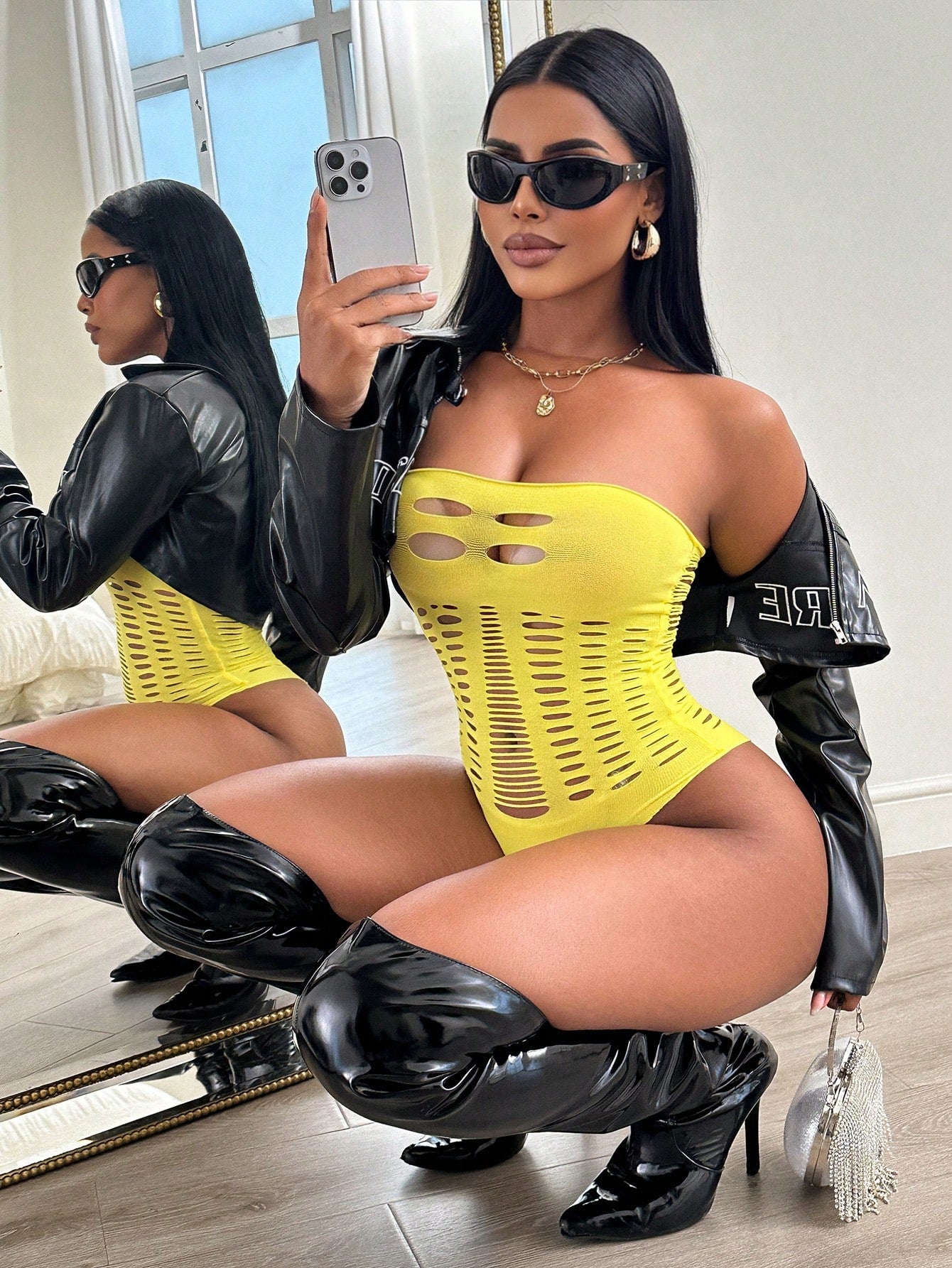Women's sheer mesh lingerie jumpsuit in yellow with a strapless bandeau neckline, sleeveless design, and high-stretch fabric.