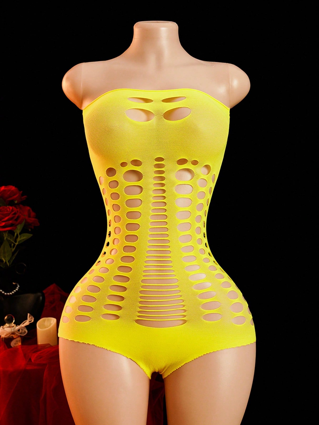 Women's sheer mesh lingerie jumpsuit in yellow with a strapless bandeau neckline, sleeveless design, and high-stretch fabric.