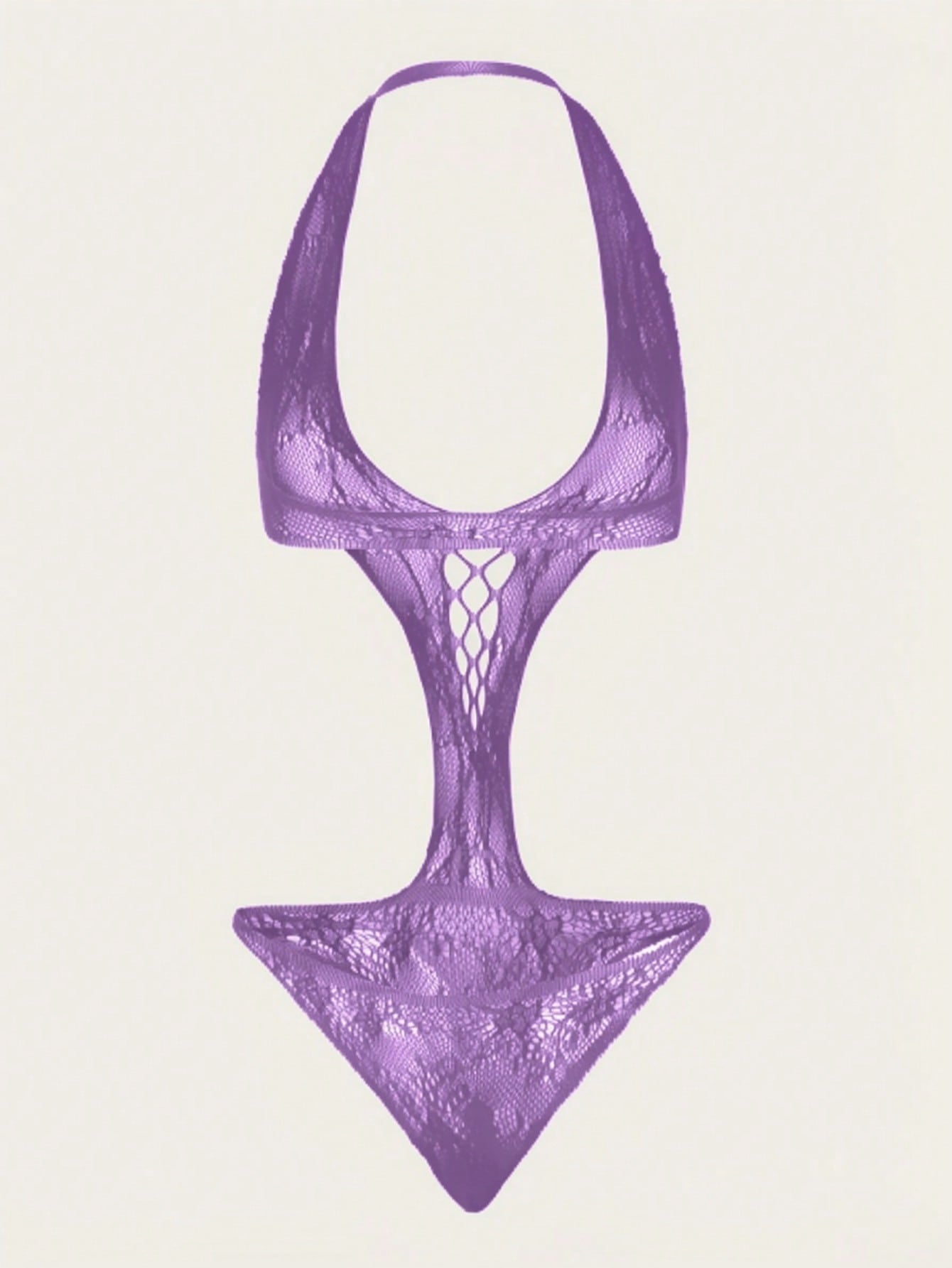 Women's halter bikini lingerie with hollow out detail, backless design, adjustable straps, sheer fabric, and wireless construction in a 1-piece style.
