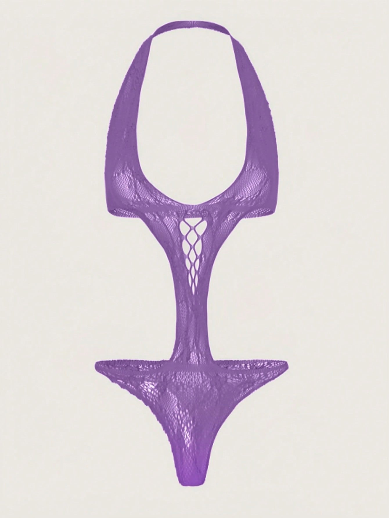Women's halter bikini lingerie with hollow out detail, backless design, adjustable straps, sheer fabric, and wireless construction in a 1-piece style.