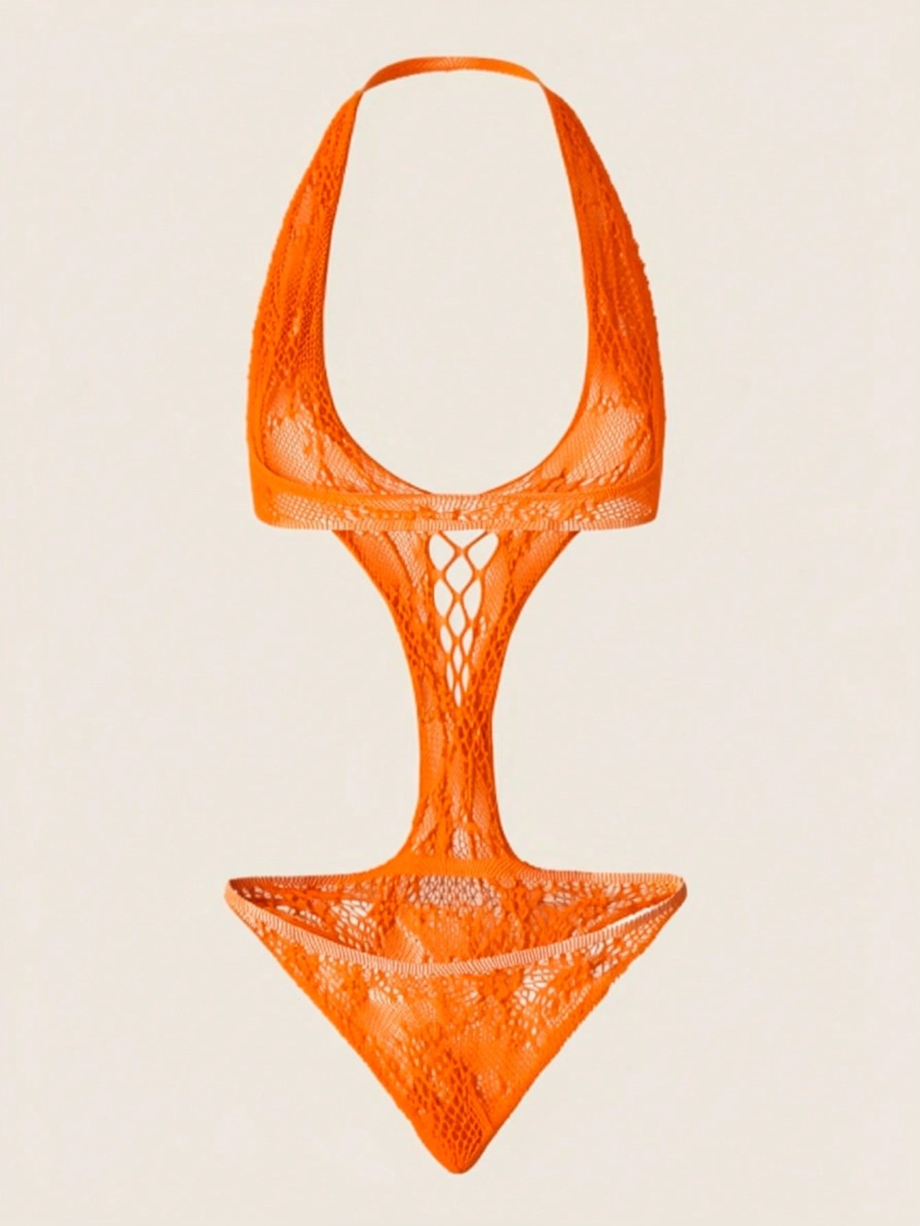 Women's halter bikini lingerie with hollow out detail, backless design, adjustable straps, sheer fabric, and wireless construction in a 1-piece style.
