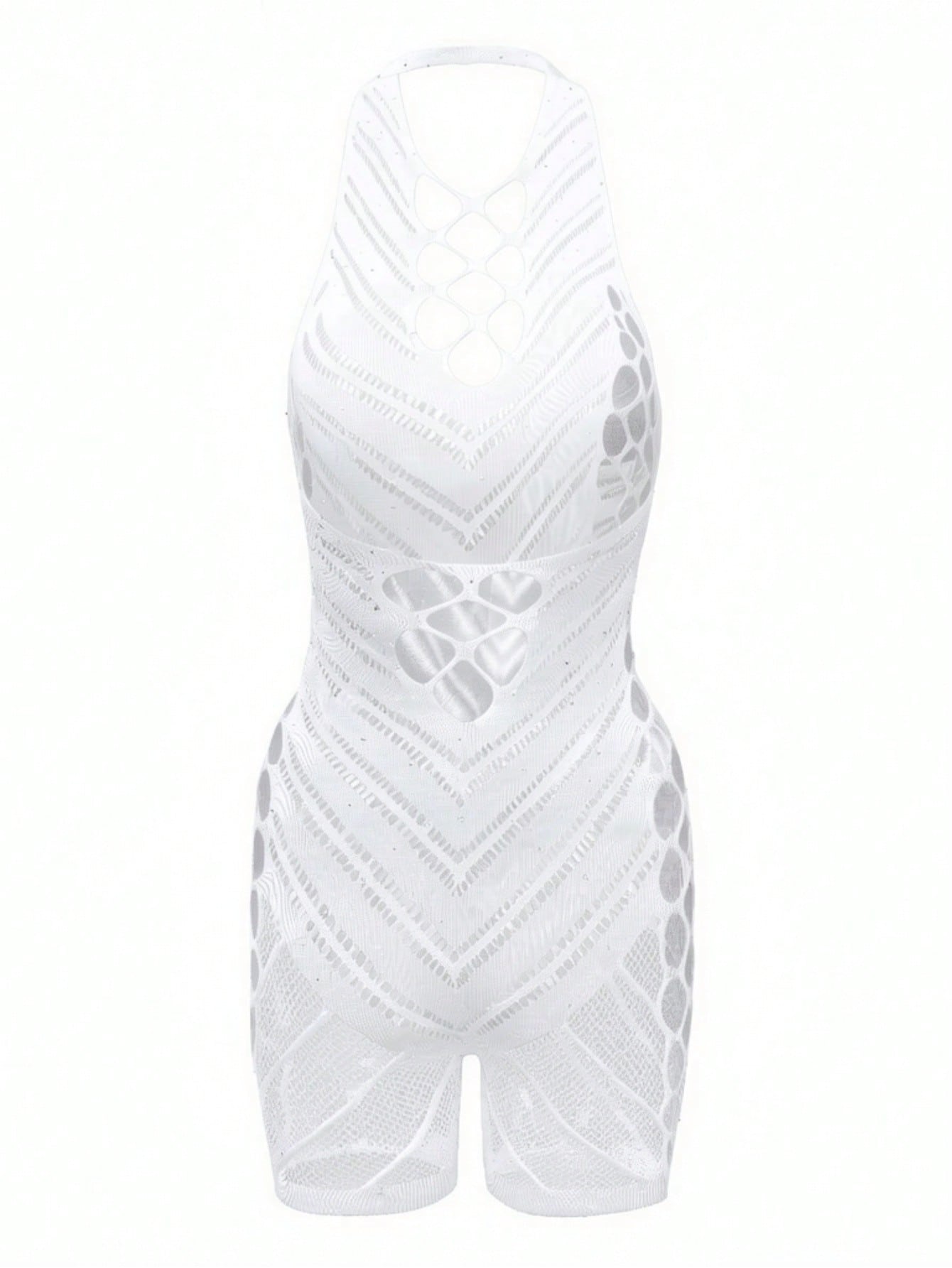 White women's fishnet lingerie bodysuit with halter neckline, cut-out design, rhinestone details, adjustable straps, sheer high-stretch fabric, and underwire support.