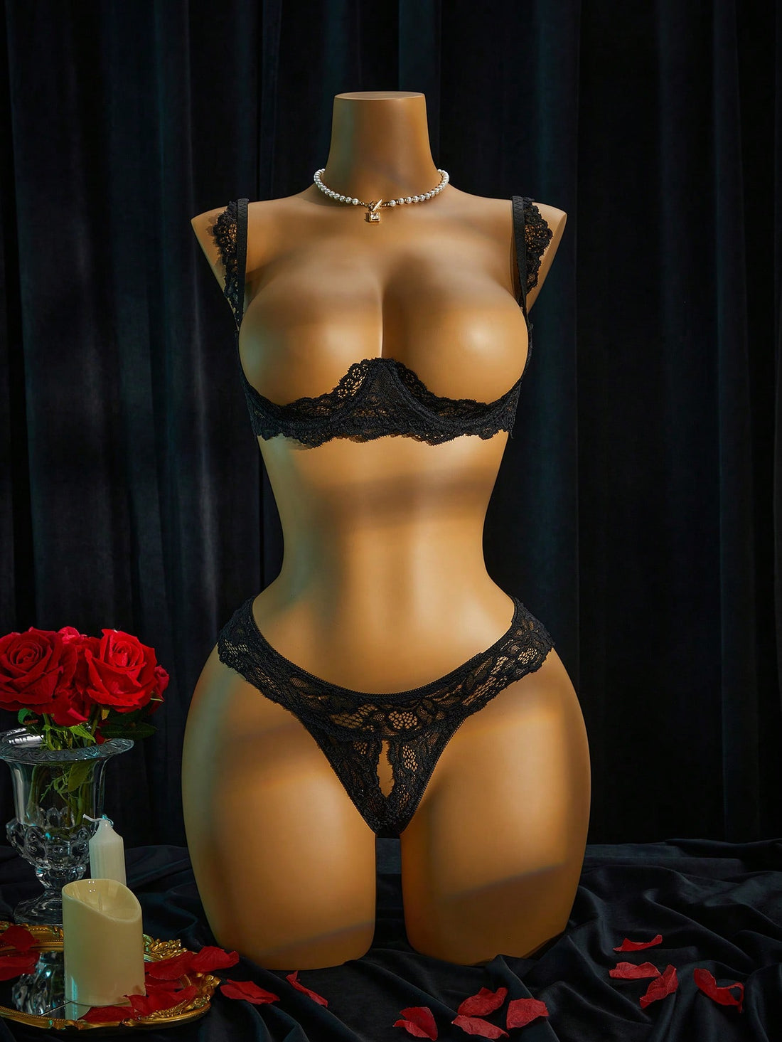 Women's sheer lace underwire bra and thong set with open cup bra, adjustable spaghetti straps, and matching low rise V-string thong in a 2-piece lingerie set.