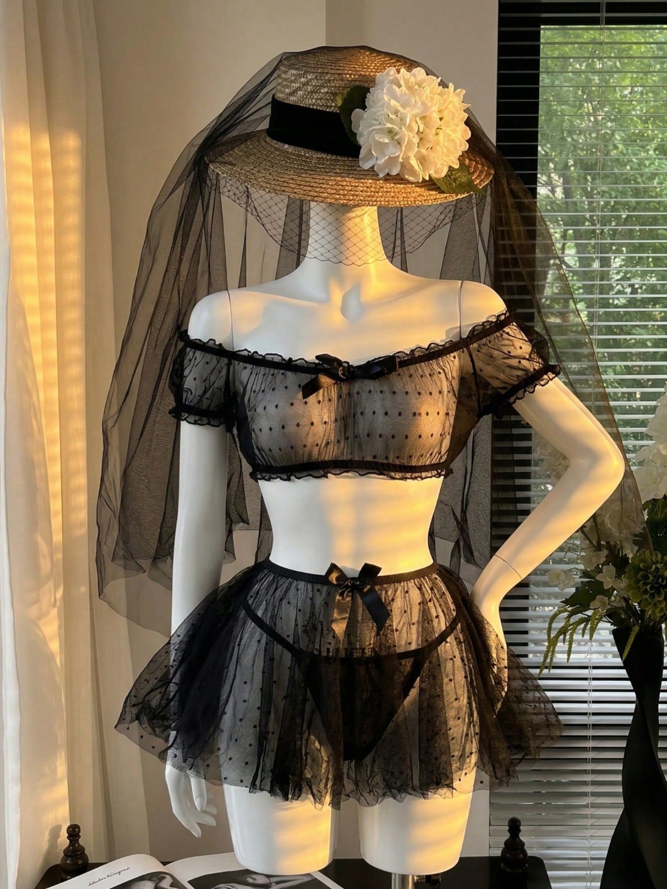 Women's 3-piece lingerie set with a wireless bralette, short mini skirt, and G-string thong, featuring semi-sheer contrast mesh, bow detail, adjustable straps, and soft stretch fabric.