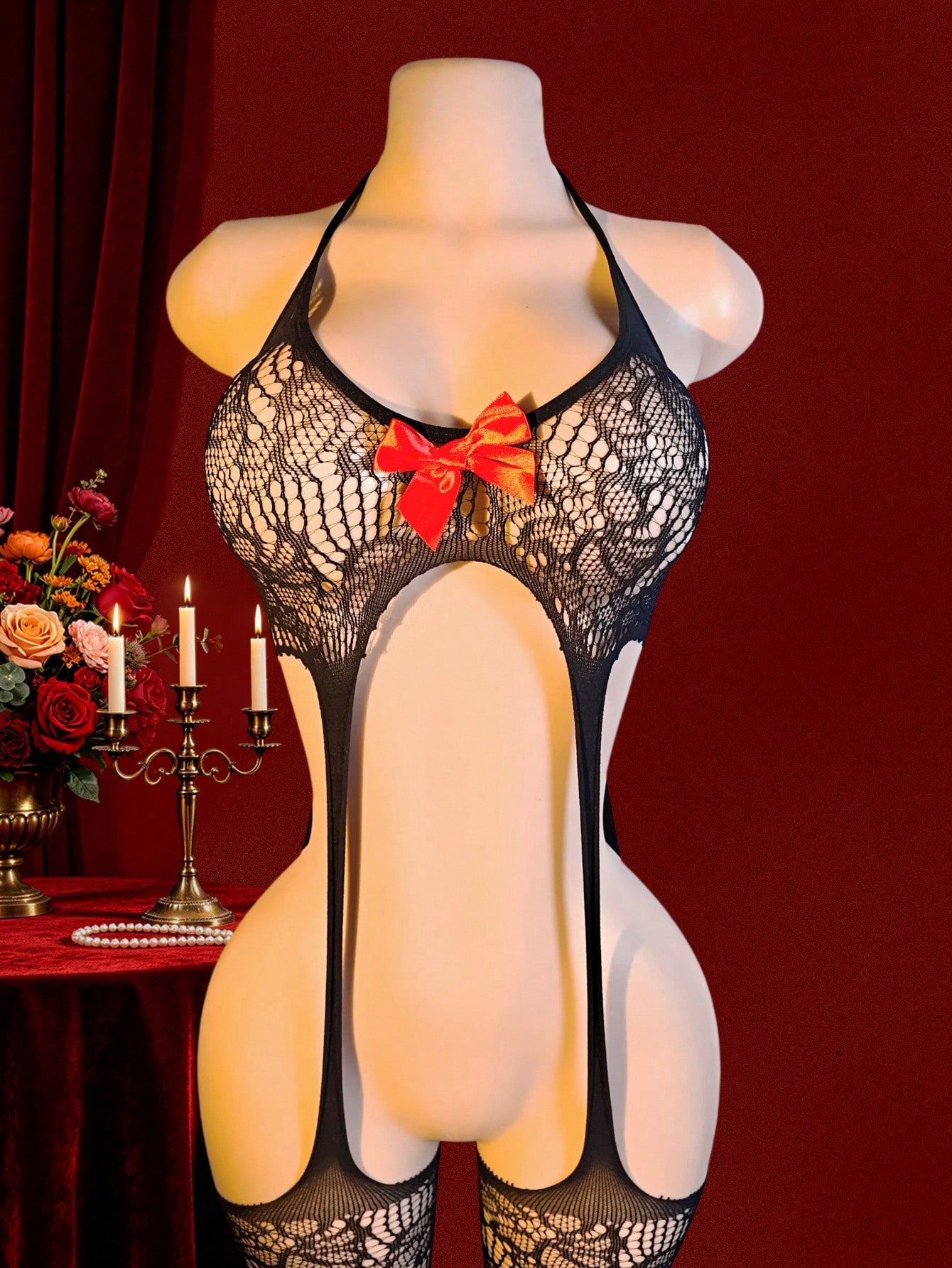 Black women's bodystocking lingerie with halter neckline, cut-out hollow-out design, bowknot detail, adjustable straps, and open-crotch one-piece silhouette.