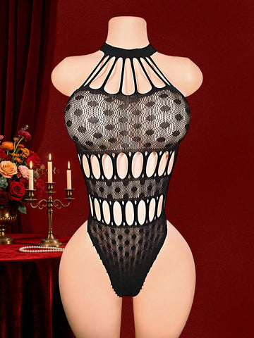 Women's fishnet sheer bodysuit with spaghetti straps, boat neckline, cut-out detail, sleeveless design, and high-stretch knitted fabric.