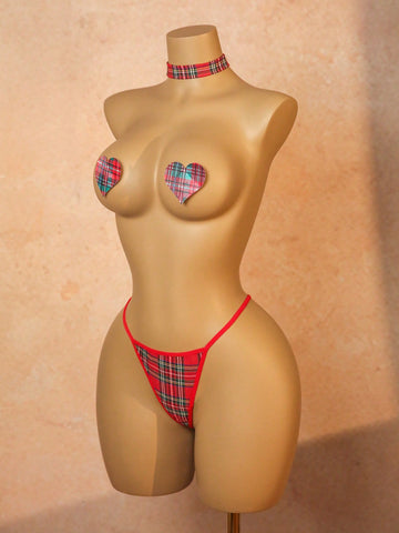 Women's red plaid 3-piece lingerie cosplay set with chest stickers, low-rise thong panties, and matching choker in polyester blend with adjustable straps and halter neckline.