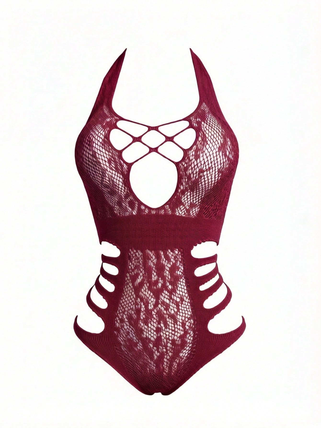 Women's red sheer fishnet jumpsuit with hollow out detail, sleeveless high-stretch mesh design, suitable as lingerie or a bikini cover up.