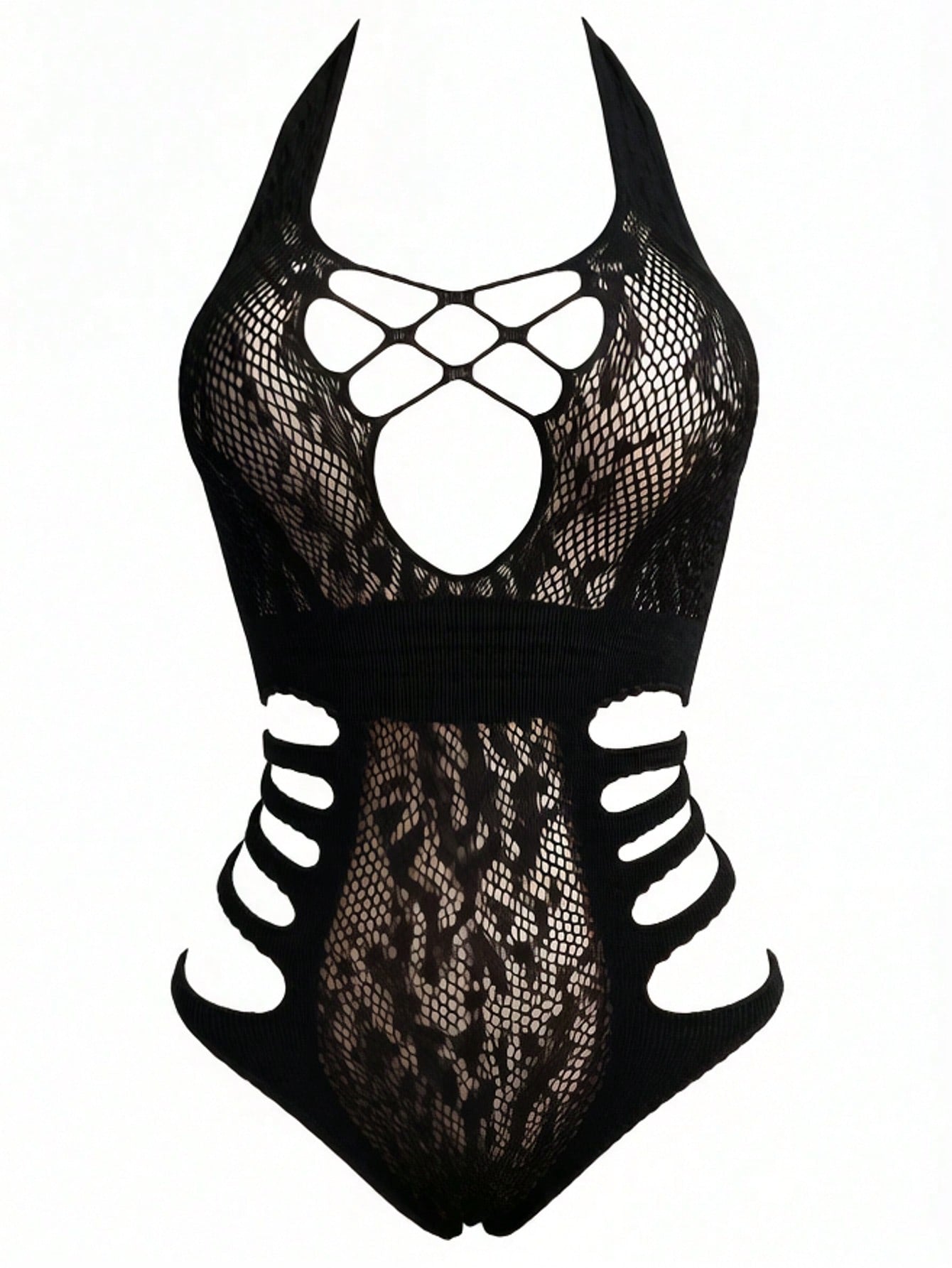 Women's red sheer fishnet jumpsuit with hollow out detail, sleeveless high-stretch mesh design, suitable as lingerie or a bikini cover up.