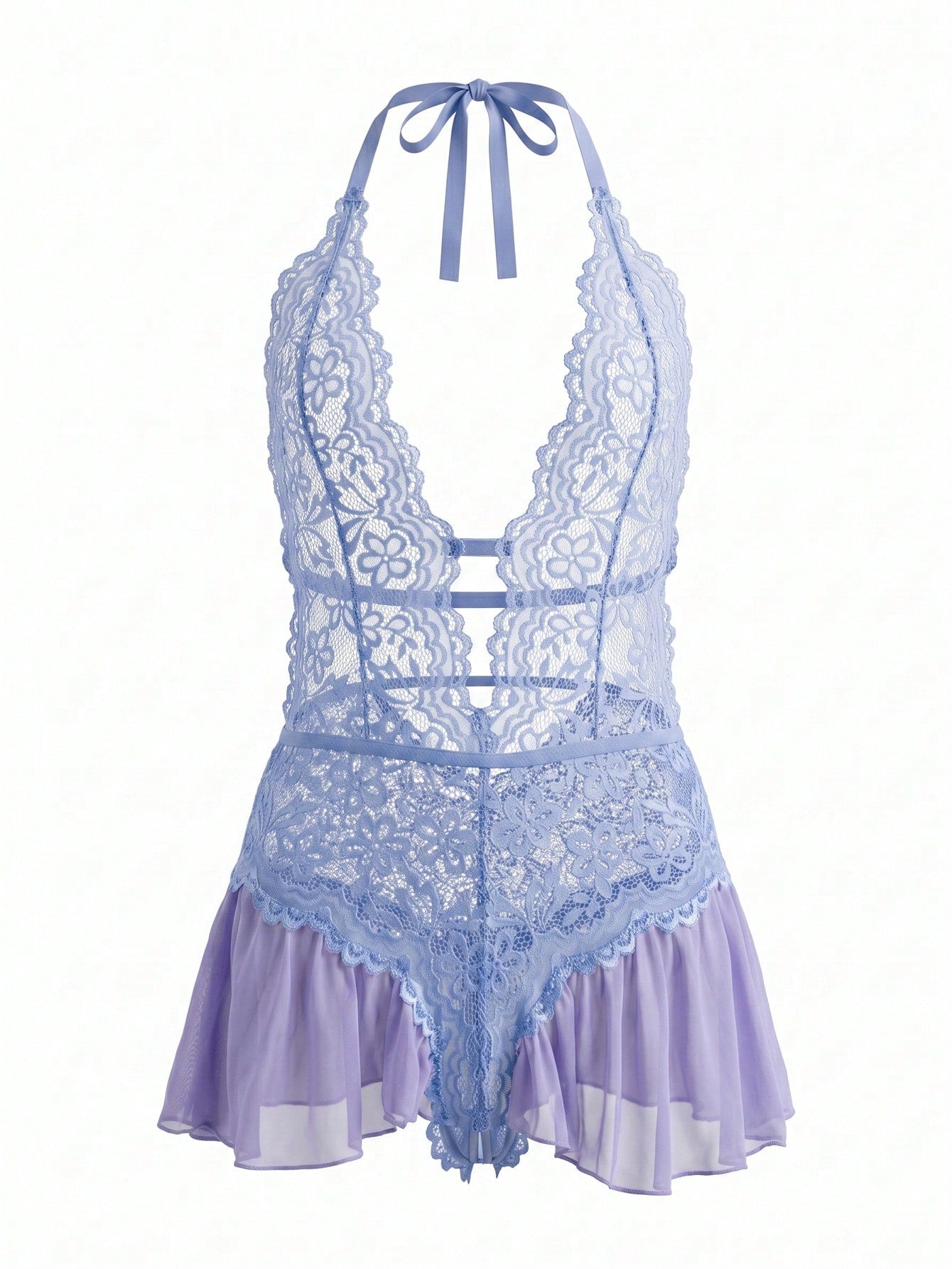 Women's halter lace babydoll lingerie with sheer backless design, crossback straps, wireless triangle bra, exaggerated ruffle detail, and V-string panty