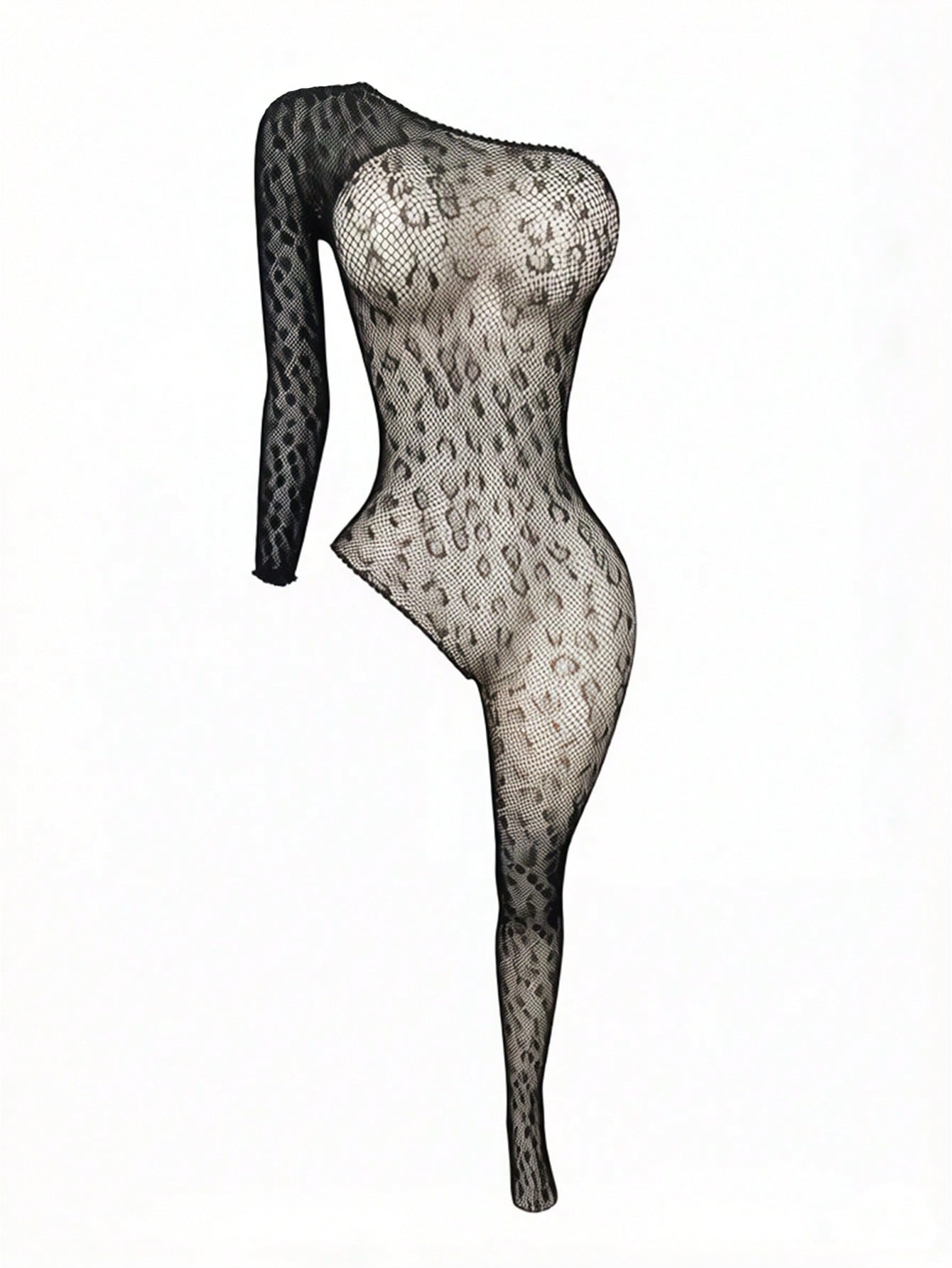 Women's sheer lace mesh bodysuit with leopard print, long sleeves, hollow out detail, and high-stretch fabric, designed for lingerie styling or as a swimsuit cover up.