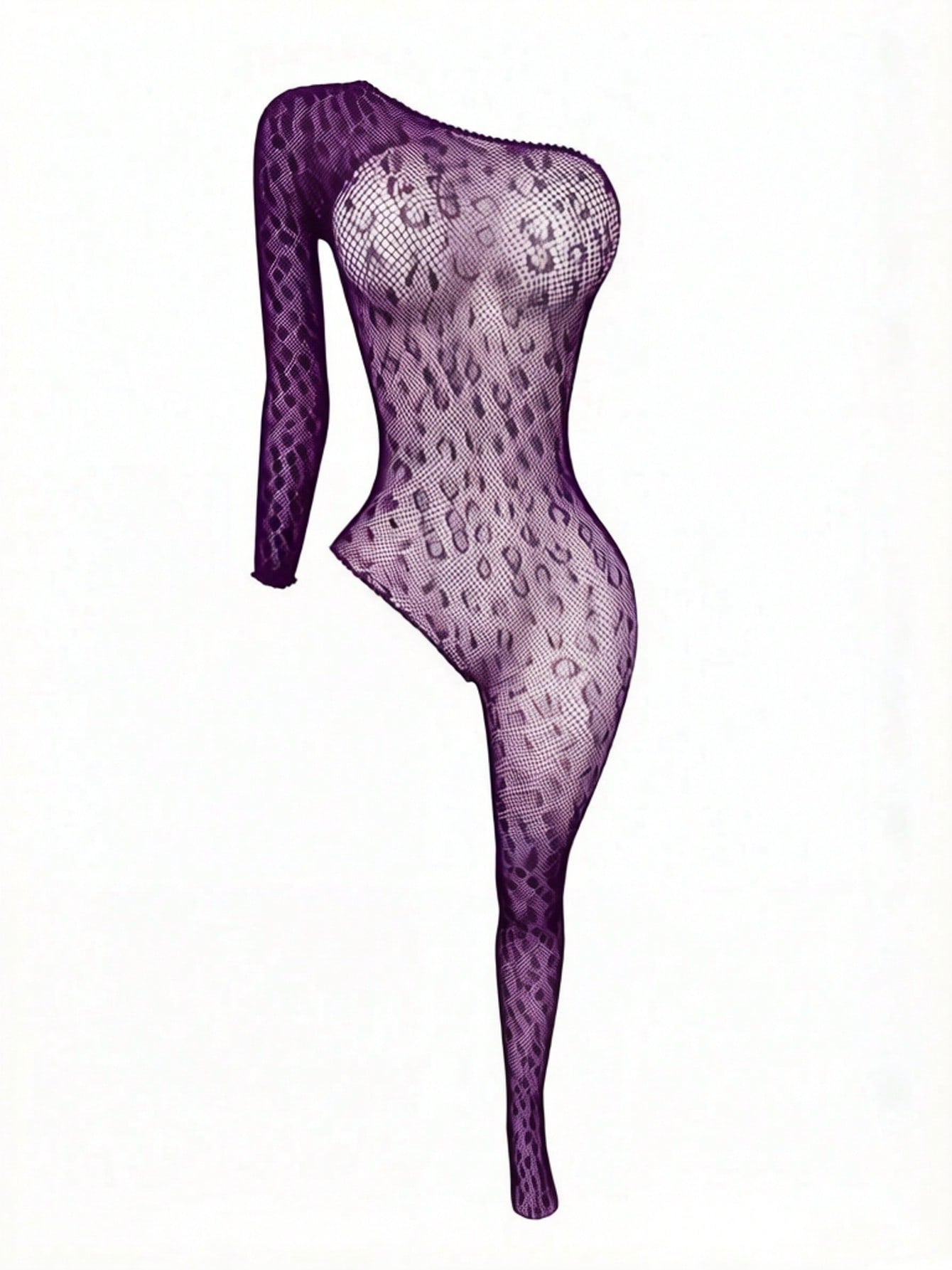 Women's sheer lace mesh bodysuit with leopard print, long sleeves, hollow out detail, and high-stretch fabric, designed for lingerie styling or as a swimsuit cover up.