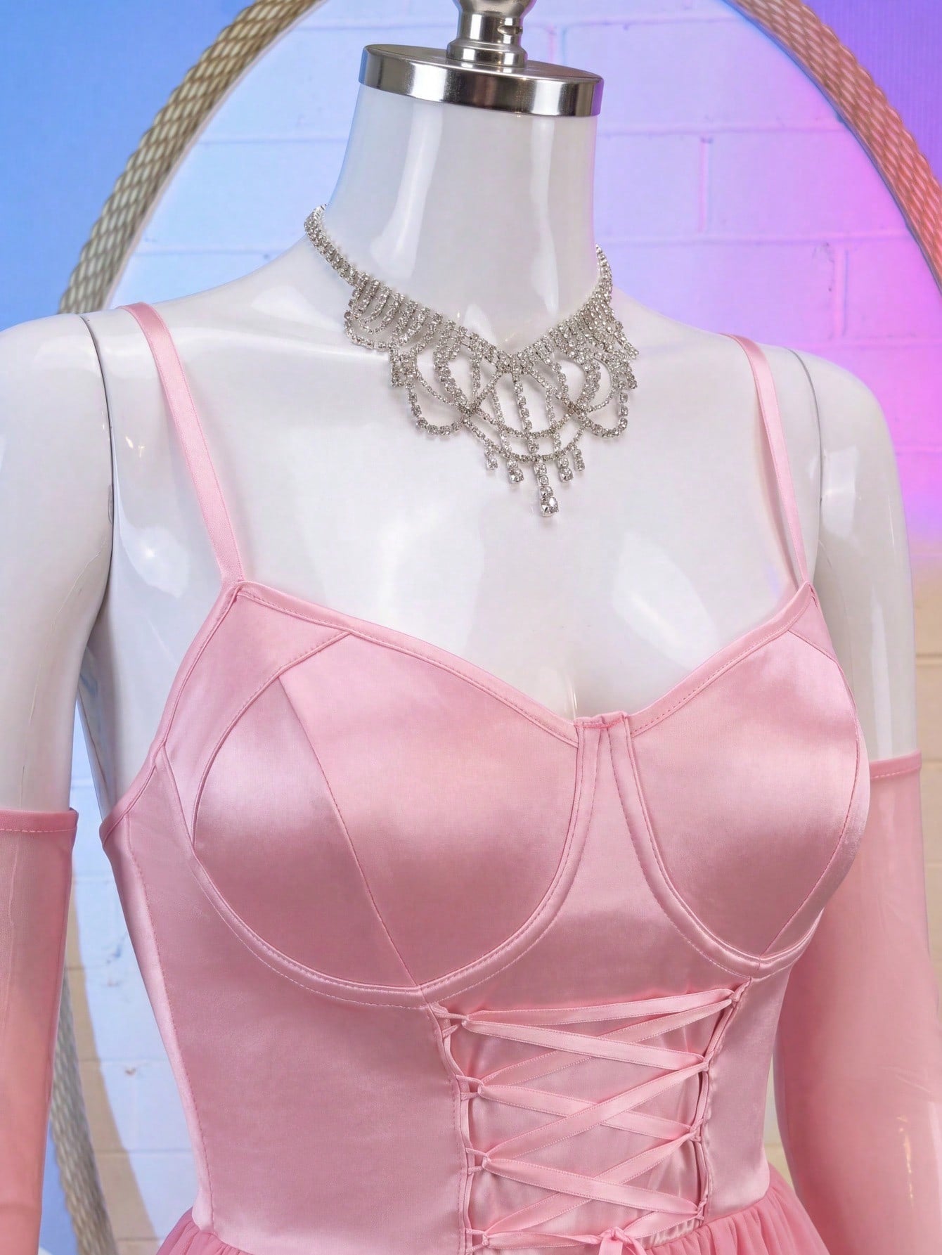 Women's elf cosplay costume set with mesh lingerie dress and matching sleeve cuffs, featuring spaghetti straps, crossback design, cup detail, sleeveless short silhouette, and slim fit.