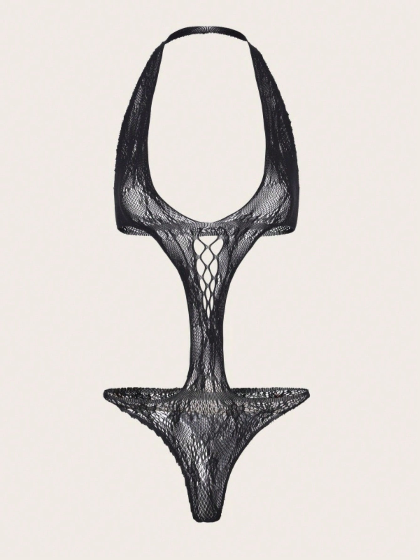 Women's halter bikini lingerie with hollow out detail, backless design, adjustable straps, sheer fabric, and wireless construction in a 1-piece style.