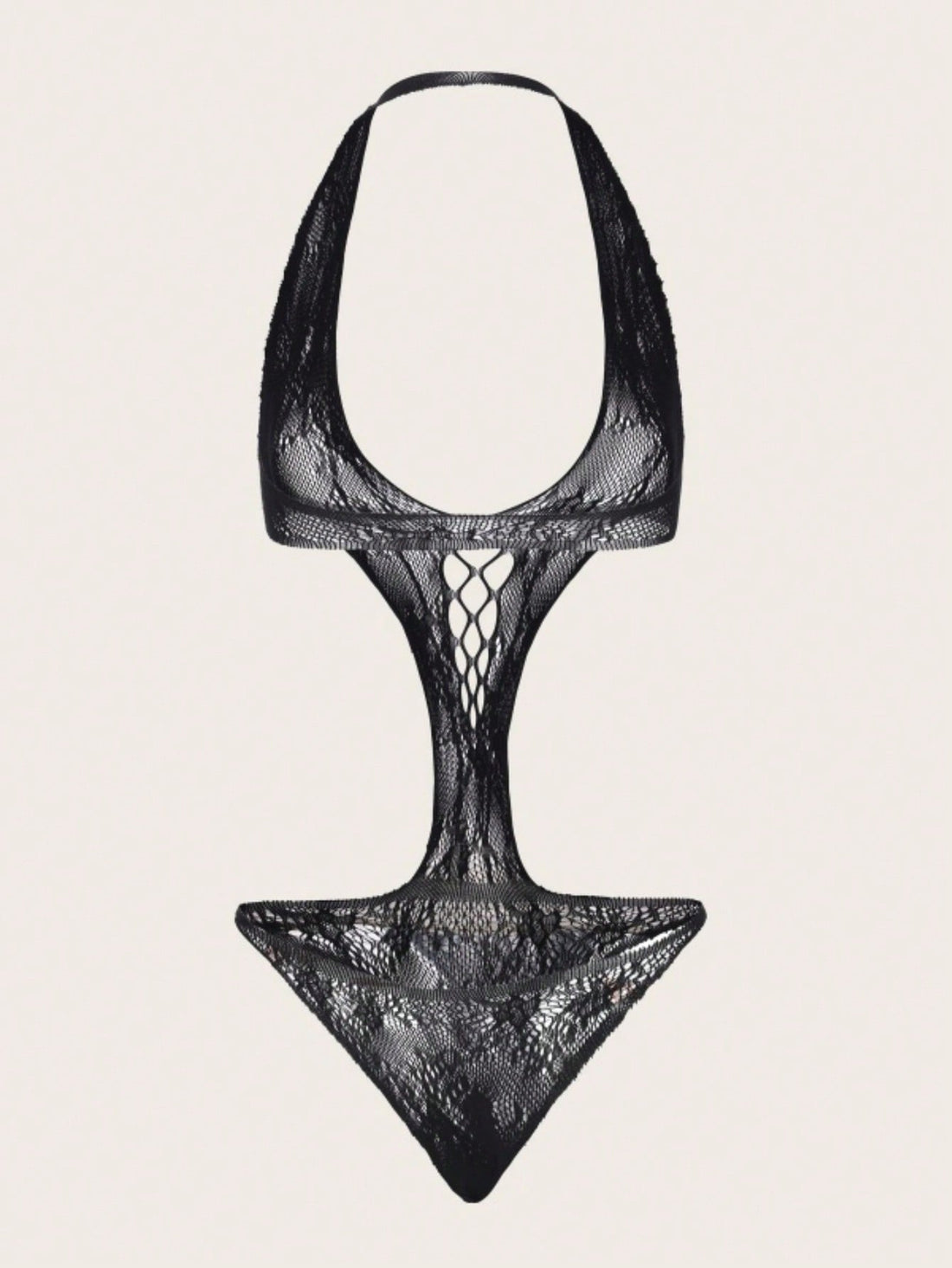 Women's halter bikini lingerie with hollow out detail, backless design, adjustable straps, sheer fabric, and wireless construction in a 1-piece style.