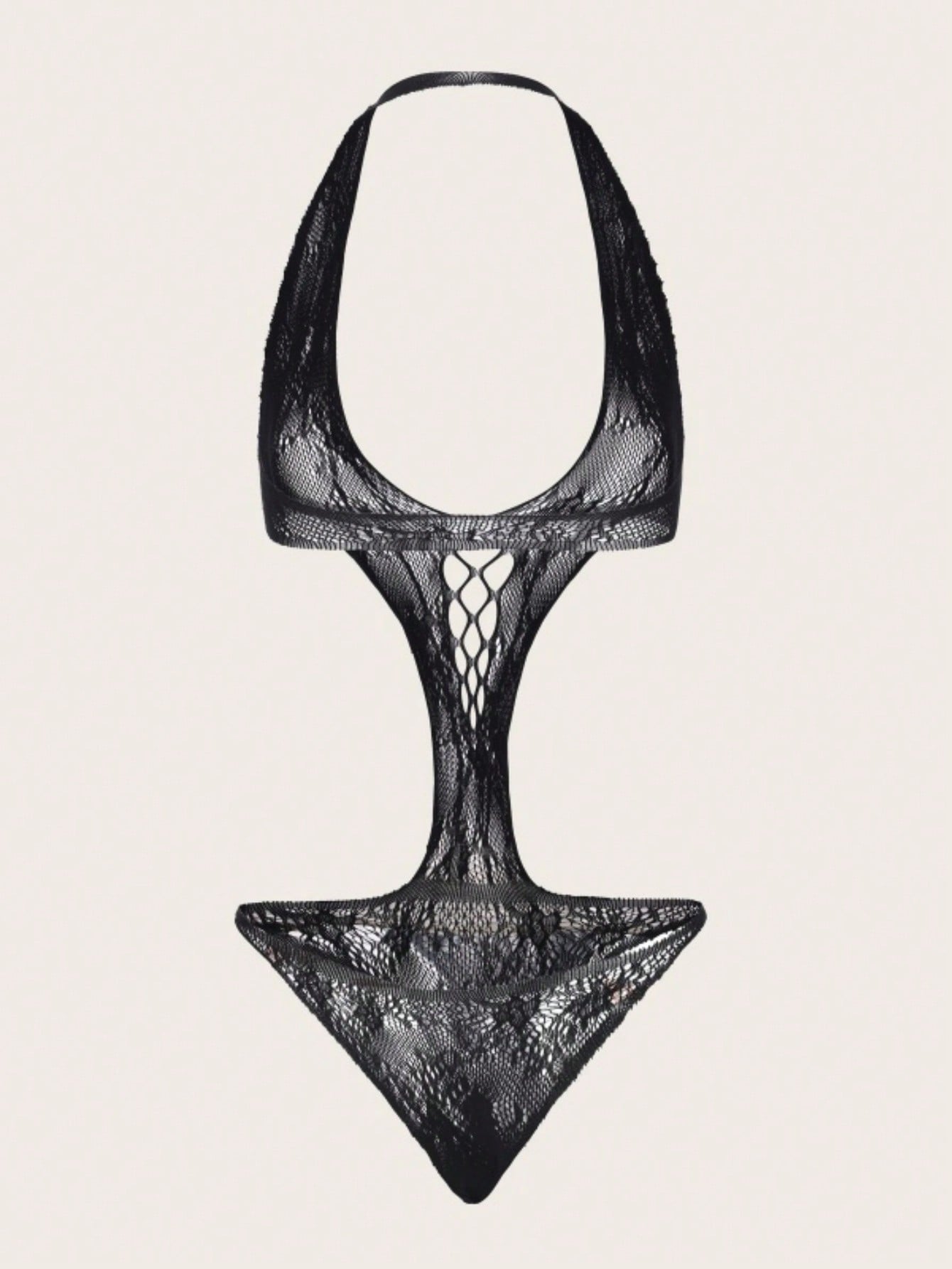 Women's halter bikini lingerie with hollow out detail, backless design, adjustable straps, sheer fabric, and wireless construction in a 1-piece style.