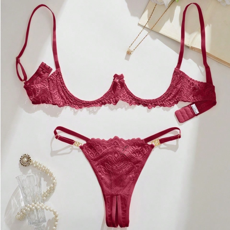 Women's lace bra and panty set with underwire bra, adjustable straps, 3/4 cup design, and matching thong panty in a sheer 2-piece lingerie style.