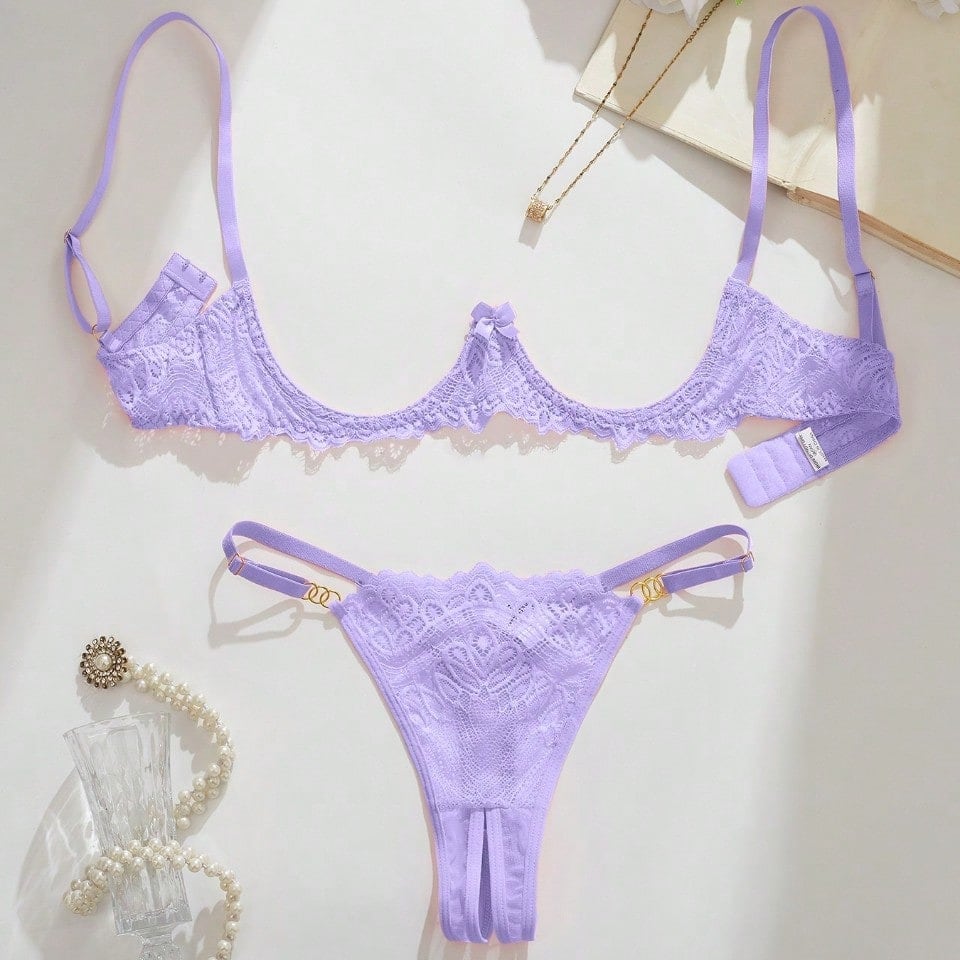 Women's lace bra and panty set with underwire bra, adjustable straps, 3/4 cup design, and matching thong panty in a sheer 2-piece lingerie style.