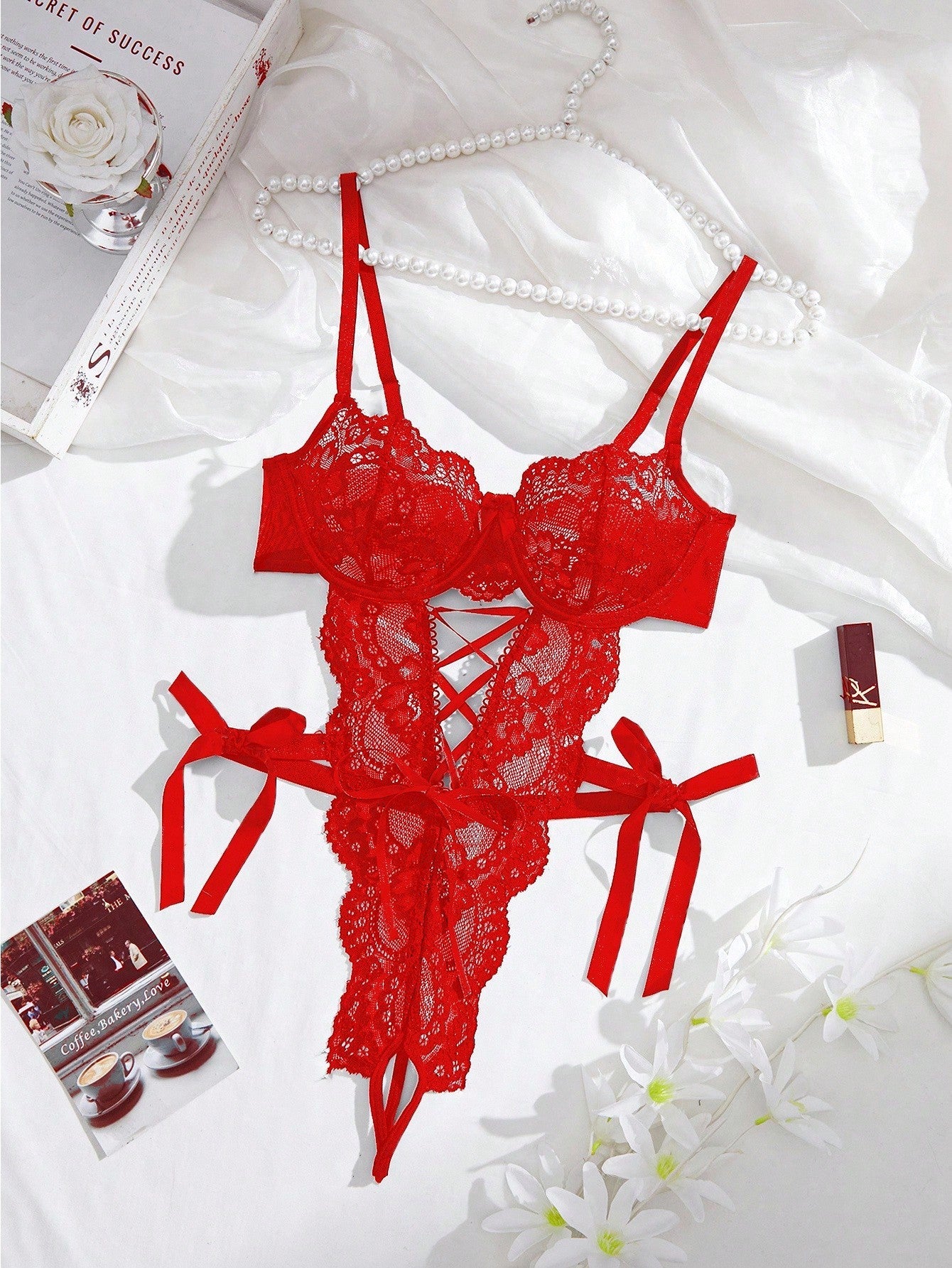 Lace Net Mesh Bowknot Crotchless Lingerie Bodysuit