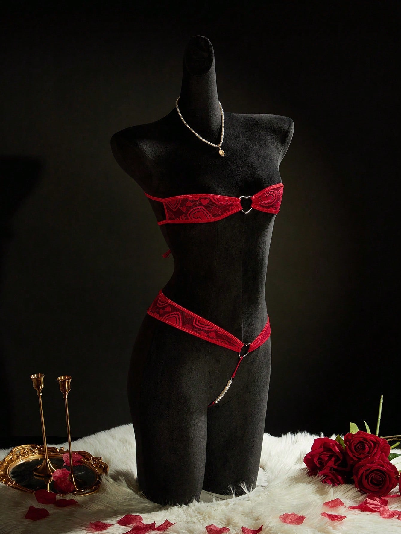 Women's Fashion Sheer Heart Detail Bandeau Sexy Lingerie Set Lace Lingerie