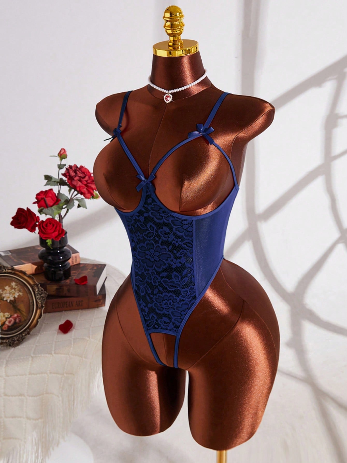 New Solid Lace Sexy Lingerie For Women With Exposed The Chest, Bow Trim With Adjustable Straps, Chest Buckle And Open Crotch Pants Design, Women's Erotic Bodysuit