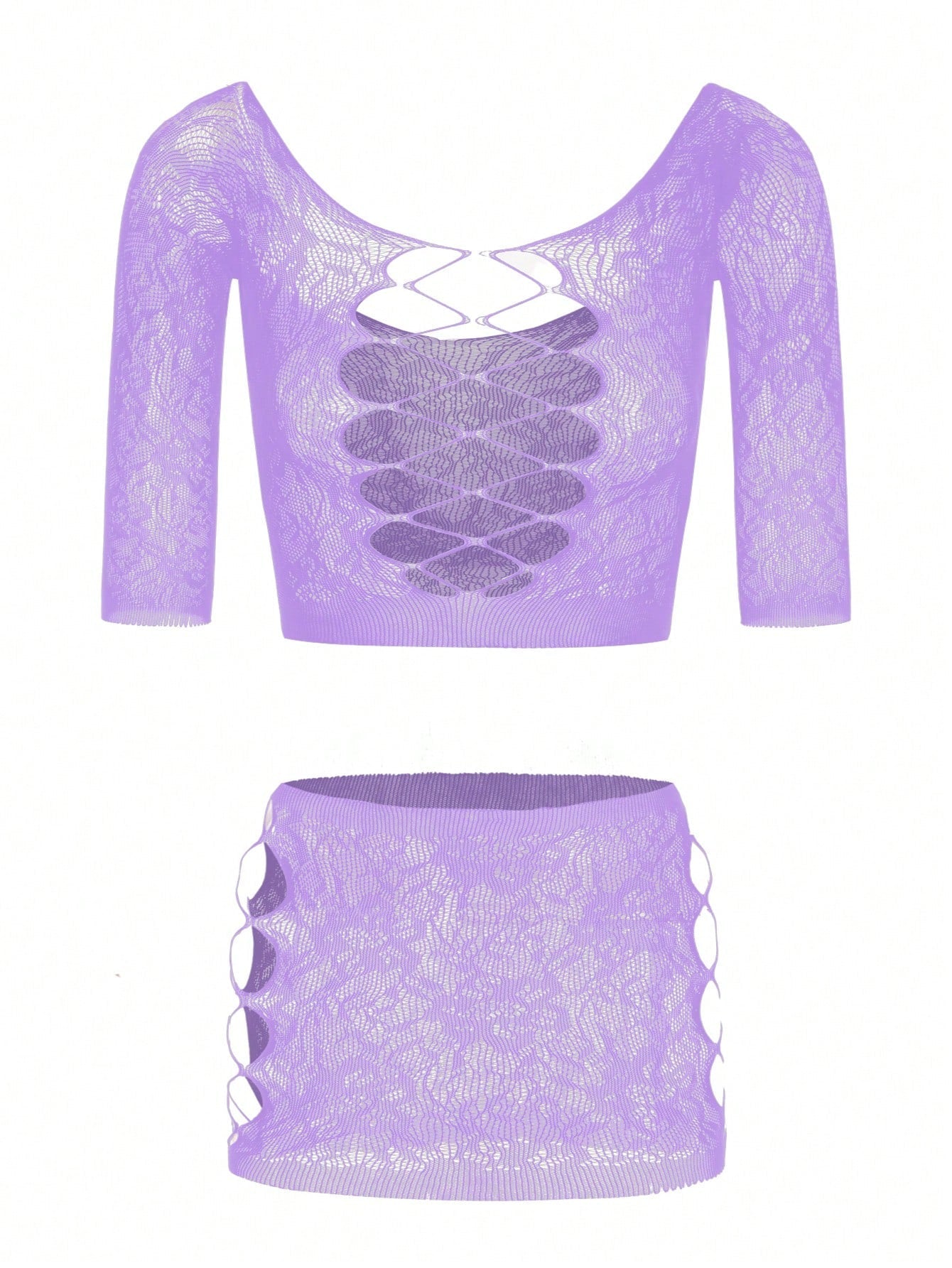 2-Piece Plus Size Fishnet Lingerie Set Stretch Crop Top and Bodycon Skirt