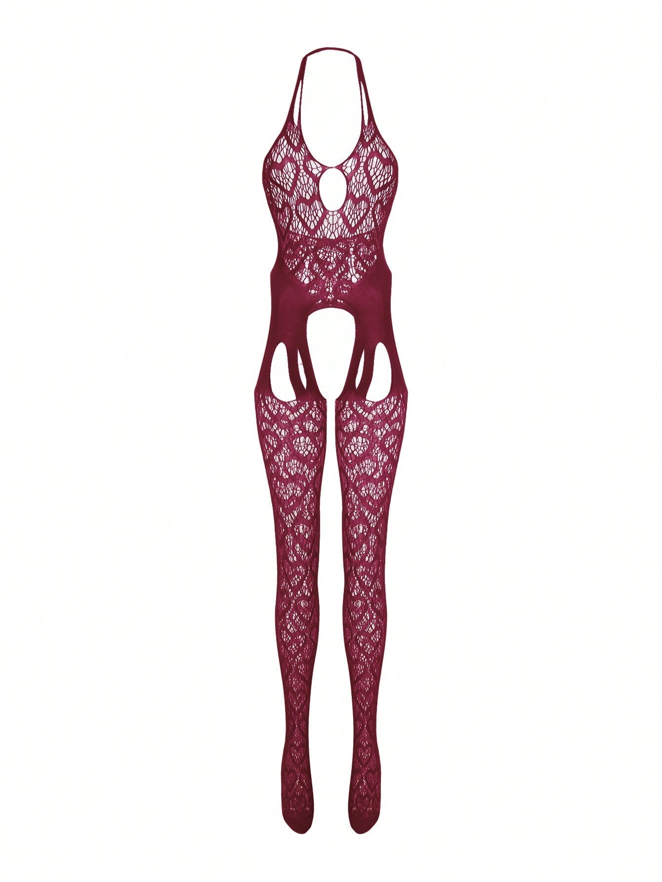 Heart Mesh Full Coverage Footless Crotchless Backless Halter Bodysuit