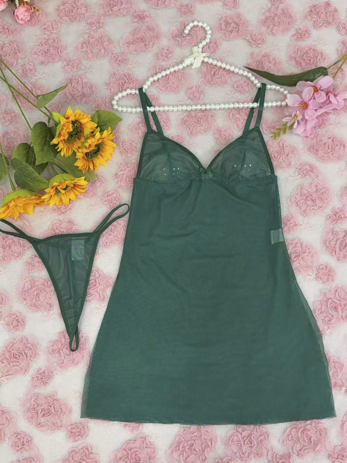 2pcs/Set Women's Wireless Sexy Mesh Lingerie, Including Camisole Dress For Going Out