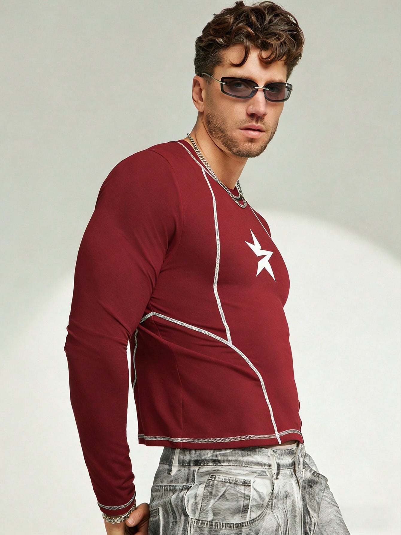 Men's Casual Fashion Street Star Print Contrast Stitch Long Sleeve Cropped T-Shirt