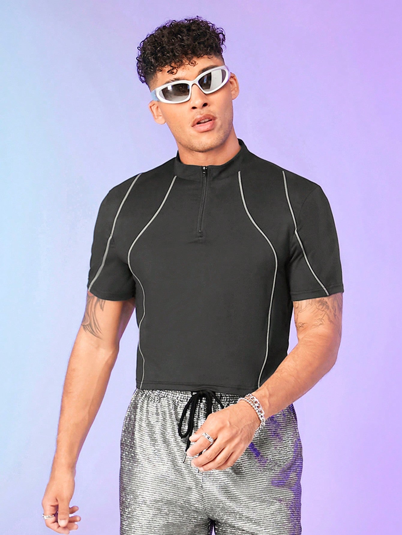 Men's Contrast Piping Zip Front Polo Shirt