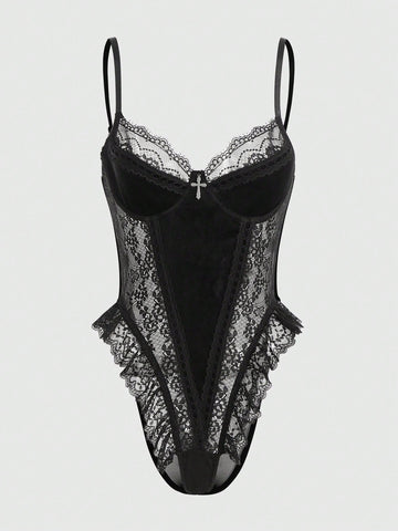 Women Contrast Lace Bodysuit With Structured One-Piece Design, Layered Lace Panel Detail, Smooth Fabric Combination, Simple Silhouette, Suitable For General Wear And Outfit Styling